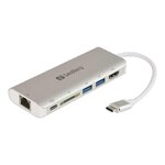 Sandberg Hub USB-C Sandberg 2 sorties HDMI, USB 3.0, RJ45, Lecteur carte SD Argent
