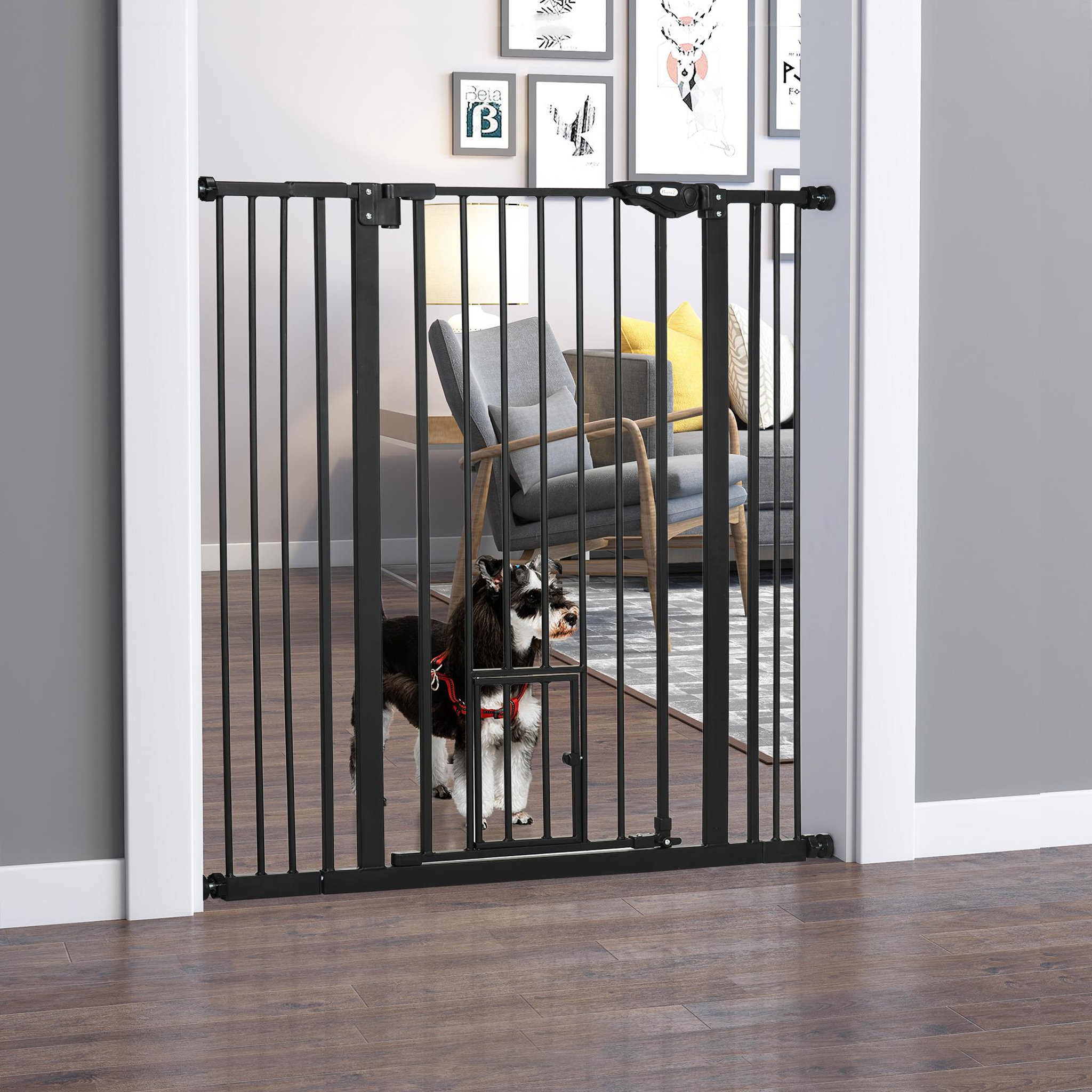 Voir la diapositive 2 : PAWHUT Barrière de sécurité chien h.104 cm - porte double verrouillage - sans perçage - acier noir