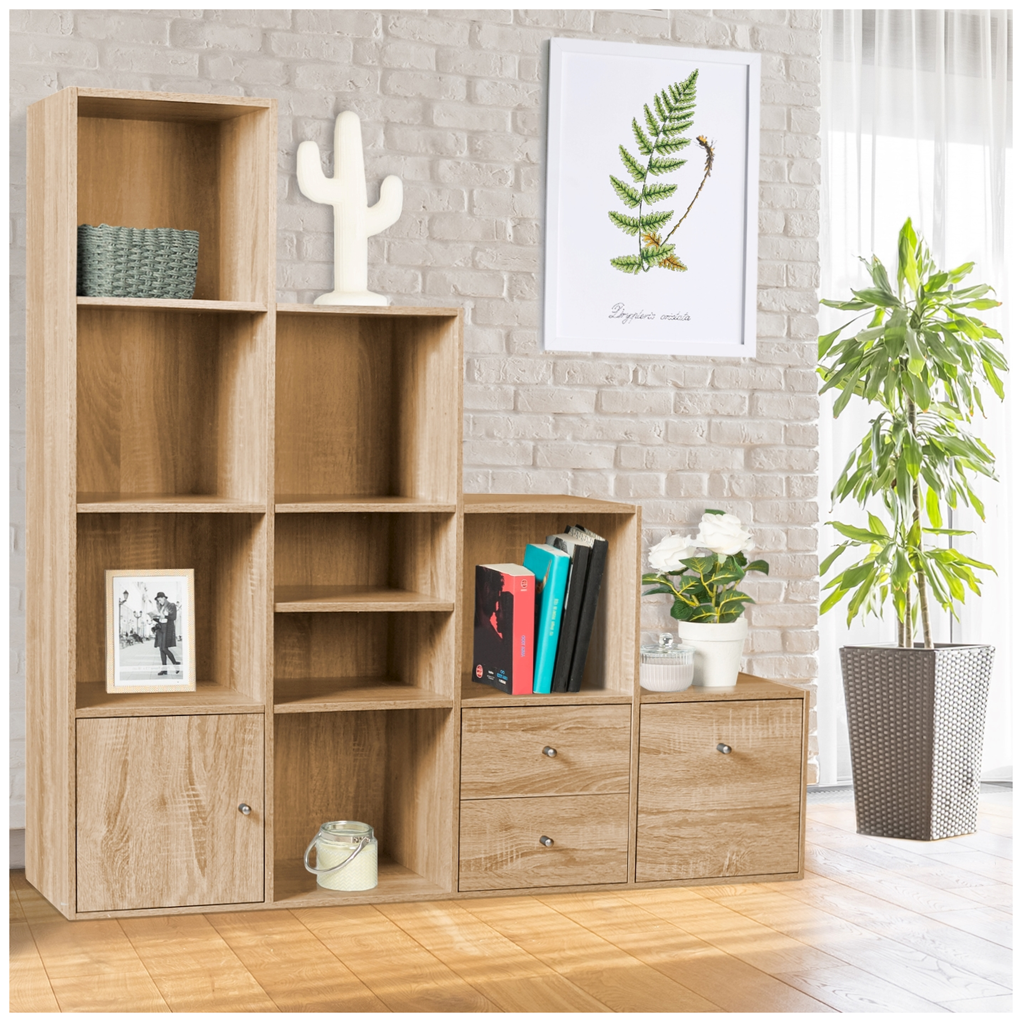 Voir la diapositive 2 : ID MARKET Meuble de rangement en escalier liam 4 niveaux bois façon hêtre avec porte et tiroirs