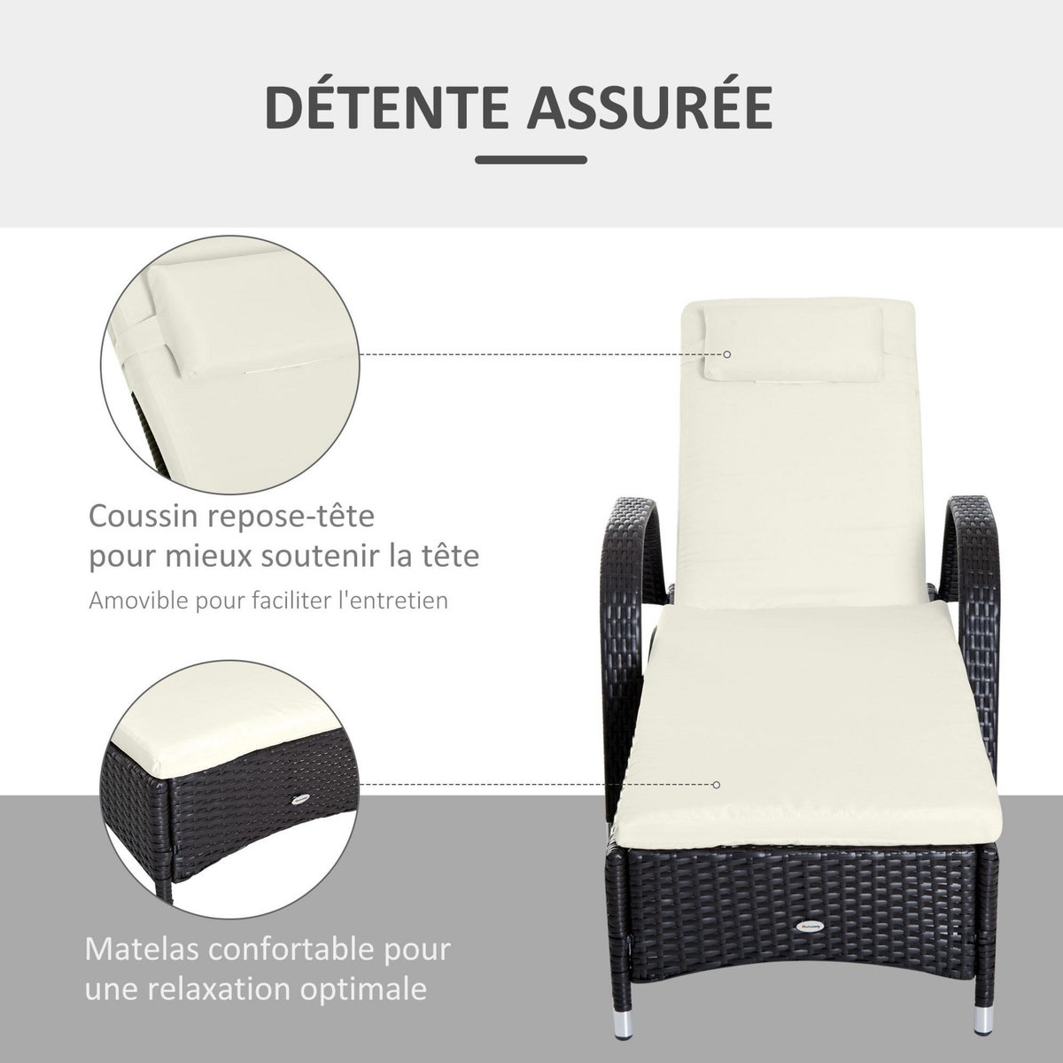 OUTSUNNY Transat bain de soleil grand confort : matelas, têtière, inclinaison réglable multipositions, accoudoirs, roulettes résine tressée brun foncé