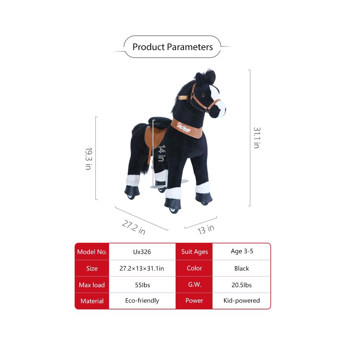 Ponycycle Poney à monter Noir avec sabot blanc Petit Modèle pour 3 à 5 ans