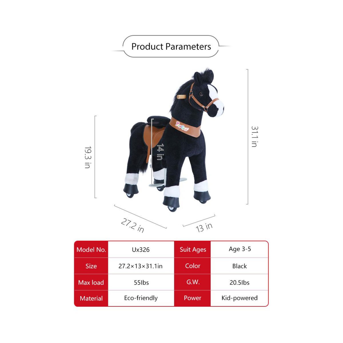 Ponycycle Poney à monter Noir avec sabot blanc Petit Modèle pour 3 à 5 ans