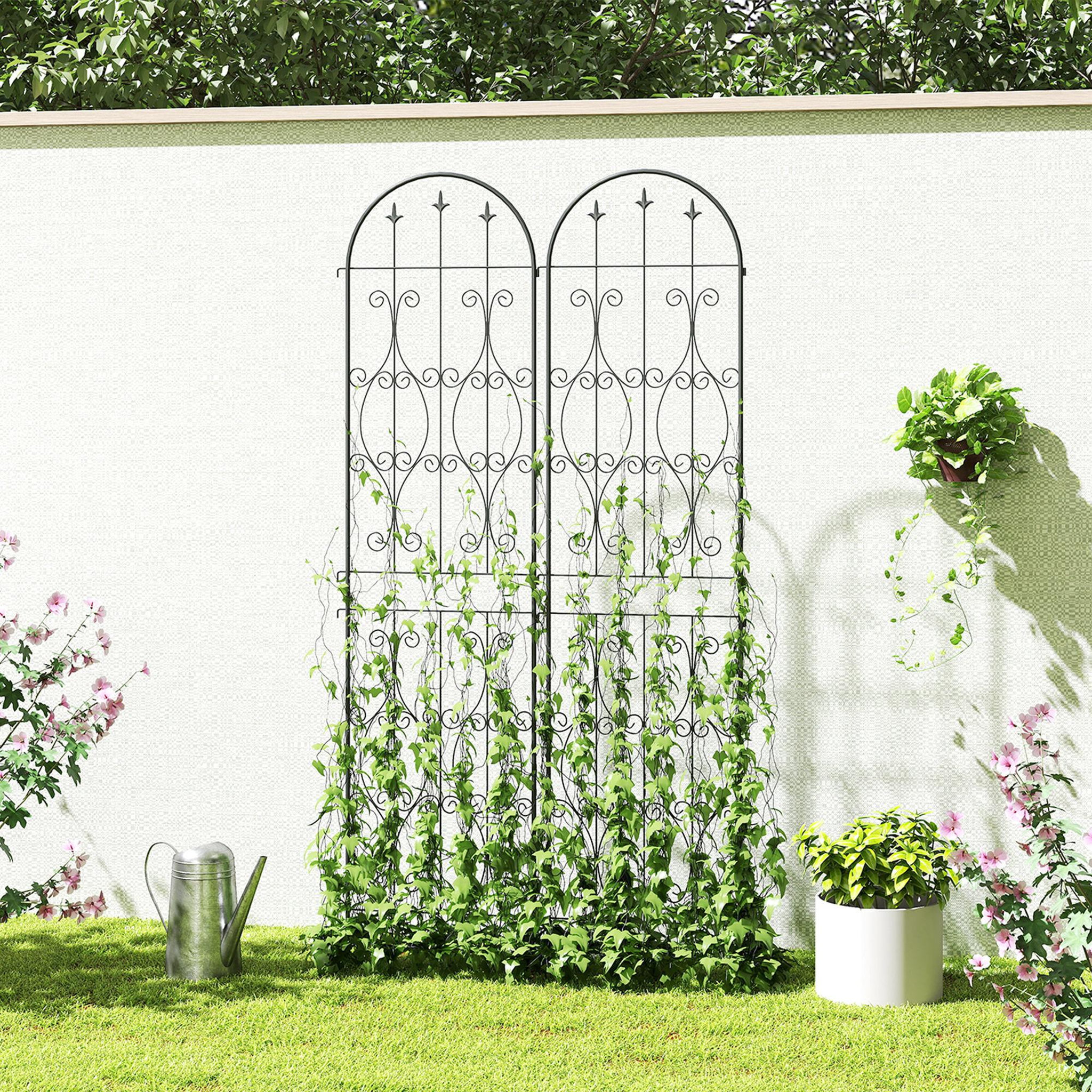 Voir la diapositive 2 : OUTSUNNY Treillis de jardin effet fer forgé pointe de fleur de lys  - 2 supports plantes grimpantes - 50 x 220 cm - métal époxy noir