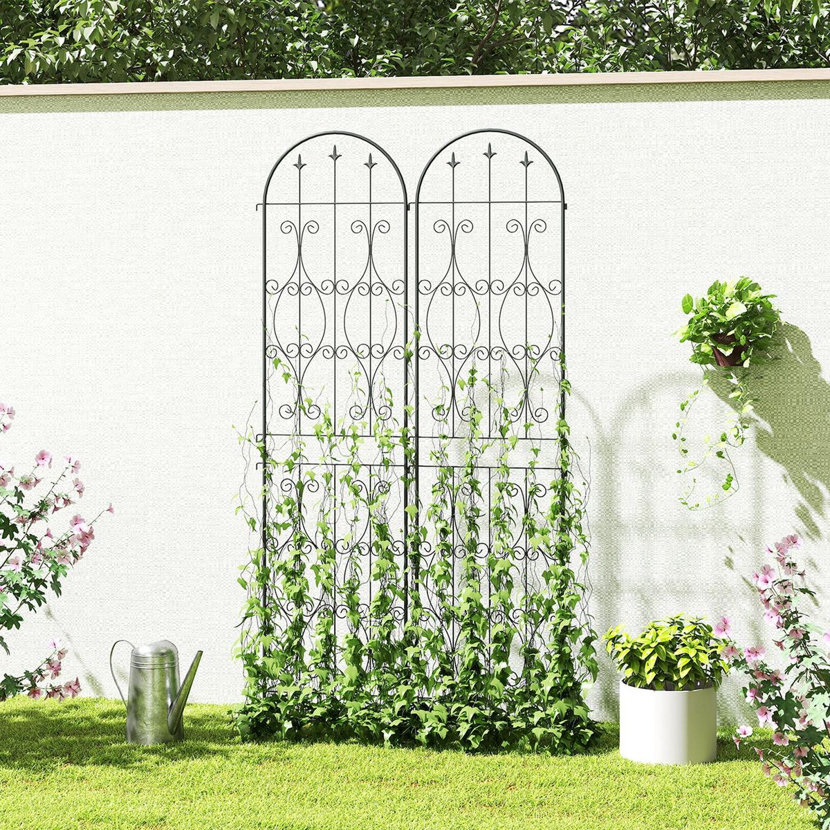 OUTSUNNY Treillis de jardin effet fer forgé pointe de fleur de lys  - 2 supports plantes grimpantes - 50 x 220 cm - métal époxy noir