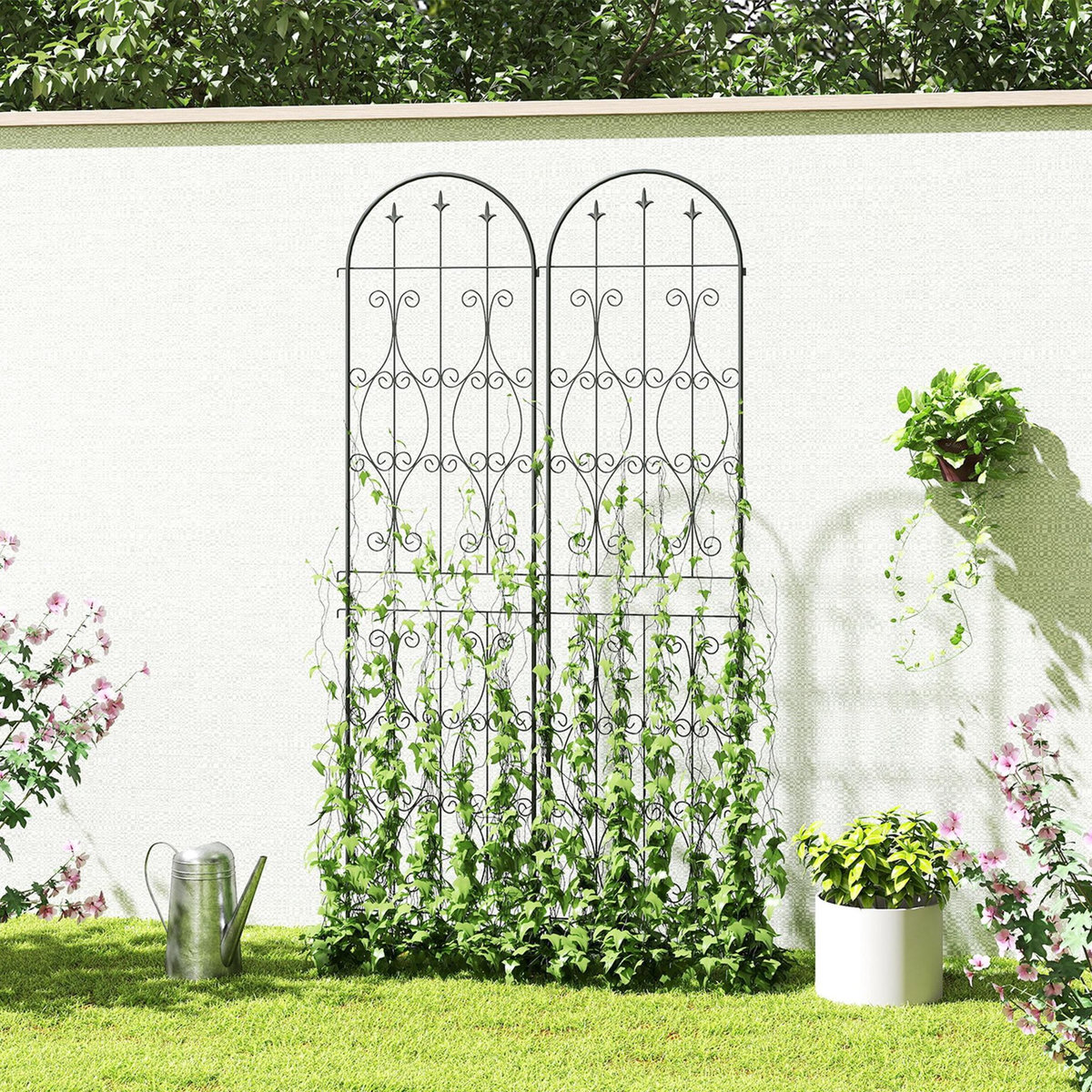 OUTSUNNY Treillis de jardin effet fer forgé pointe de fleur de lys  - 2 supports plantes grimpantes - 50 x 220 cm - métal époxy noir