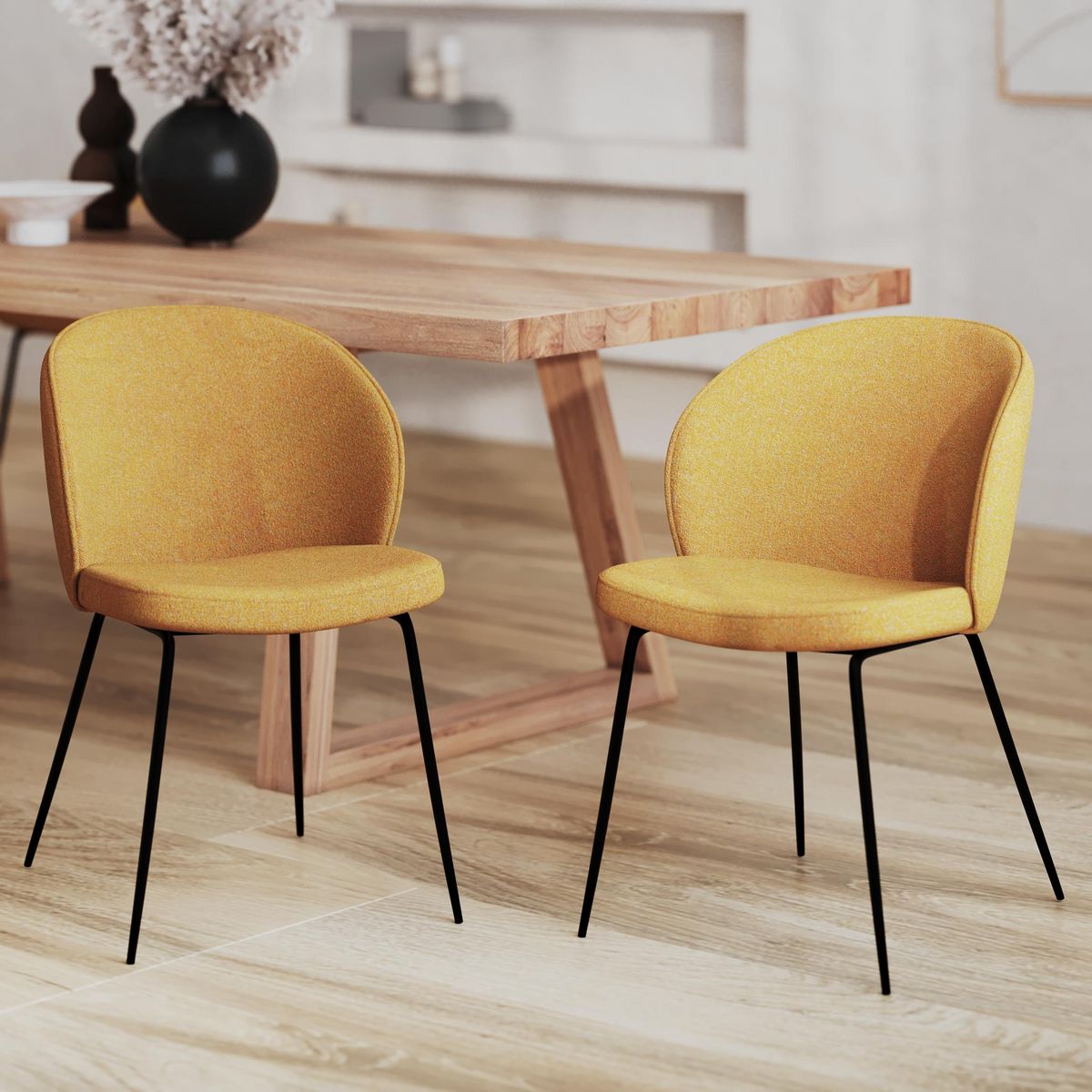 Rendez vous déco Lot de 2 chaises jaunes en tissu bouclette et pied en métal - Groom