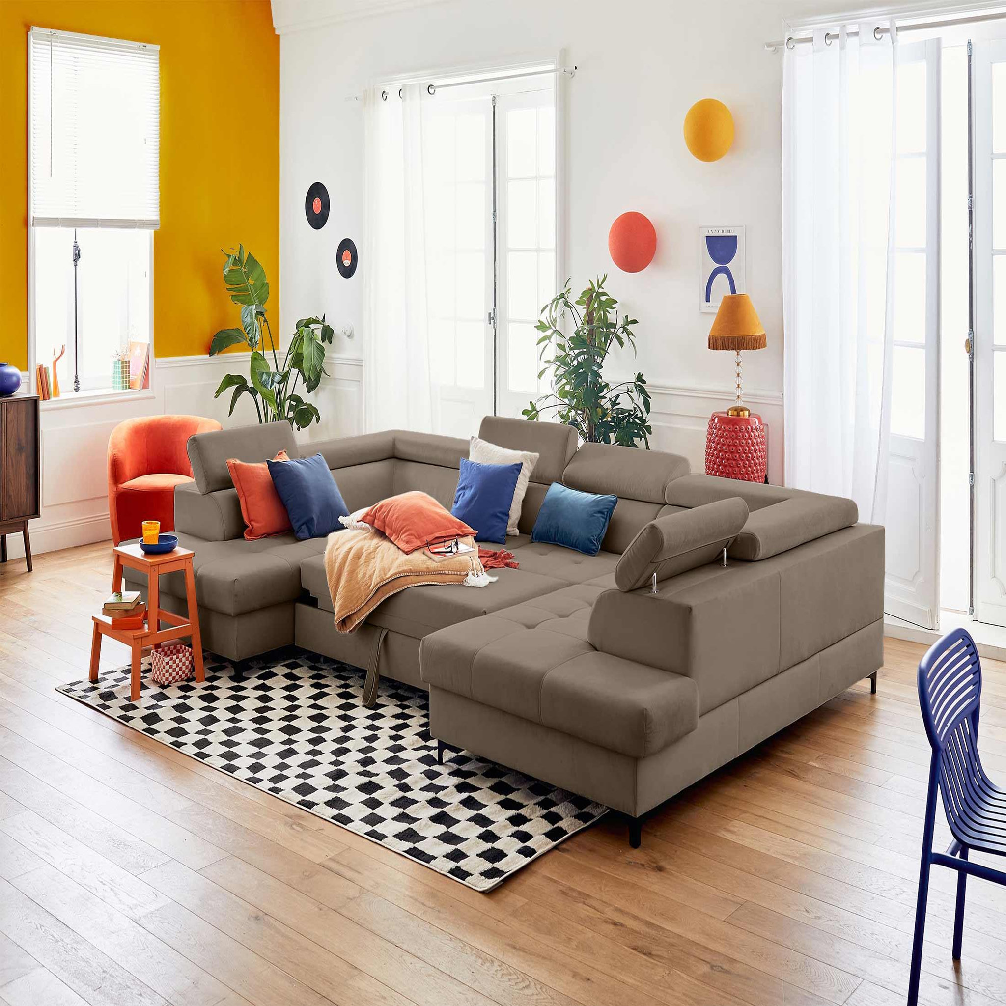Voir la diapositive 3 : LISA DESIGN Merida - canapé panoramique en u - 7 places - convertible avec coffres et têtières réglables - en velours