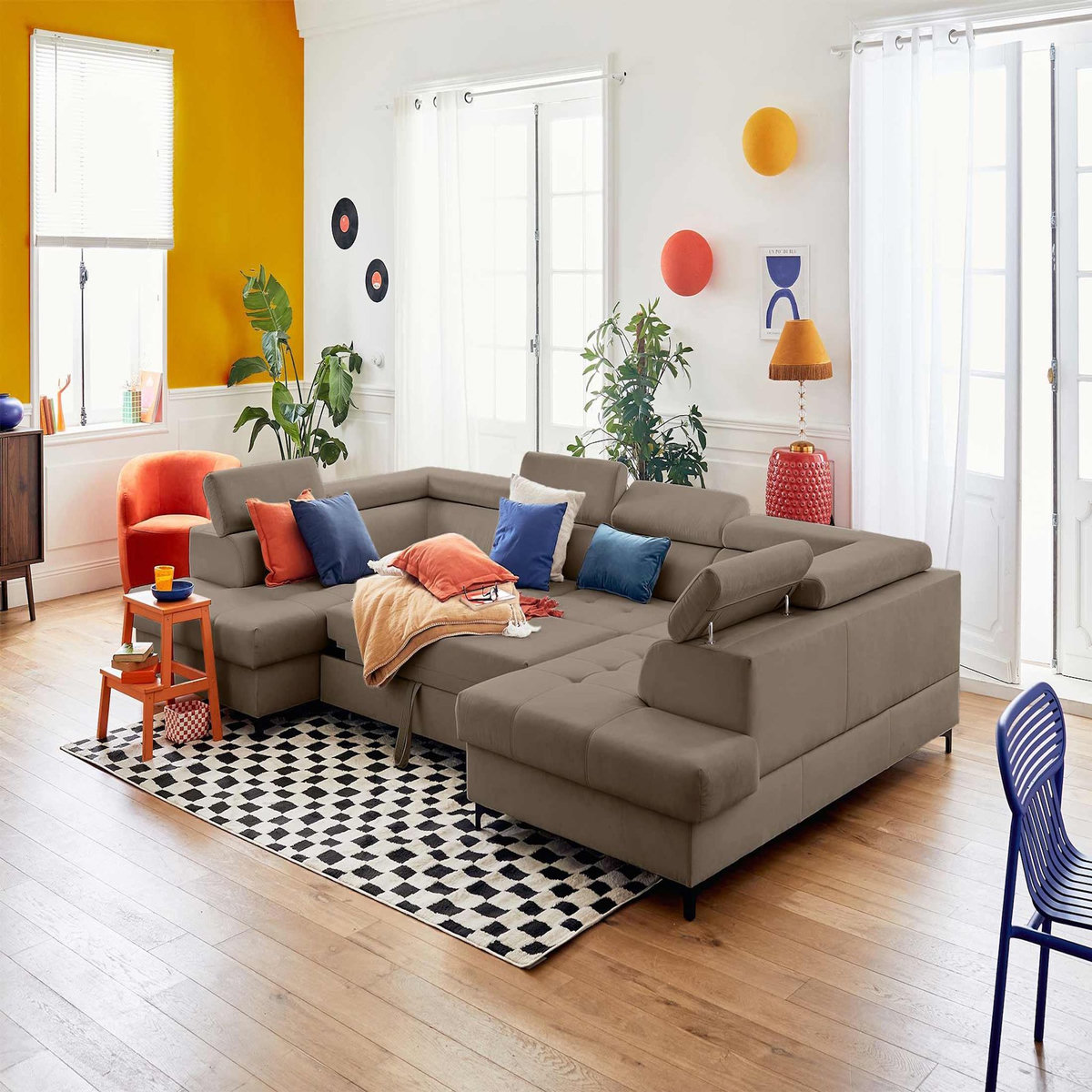 LISA DESIGN Merida - canapé panoramique en u - 7 places - convertible avec coffres et têtières réglables - en velours