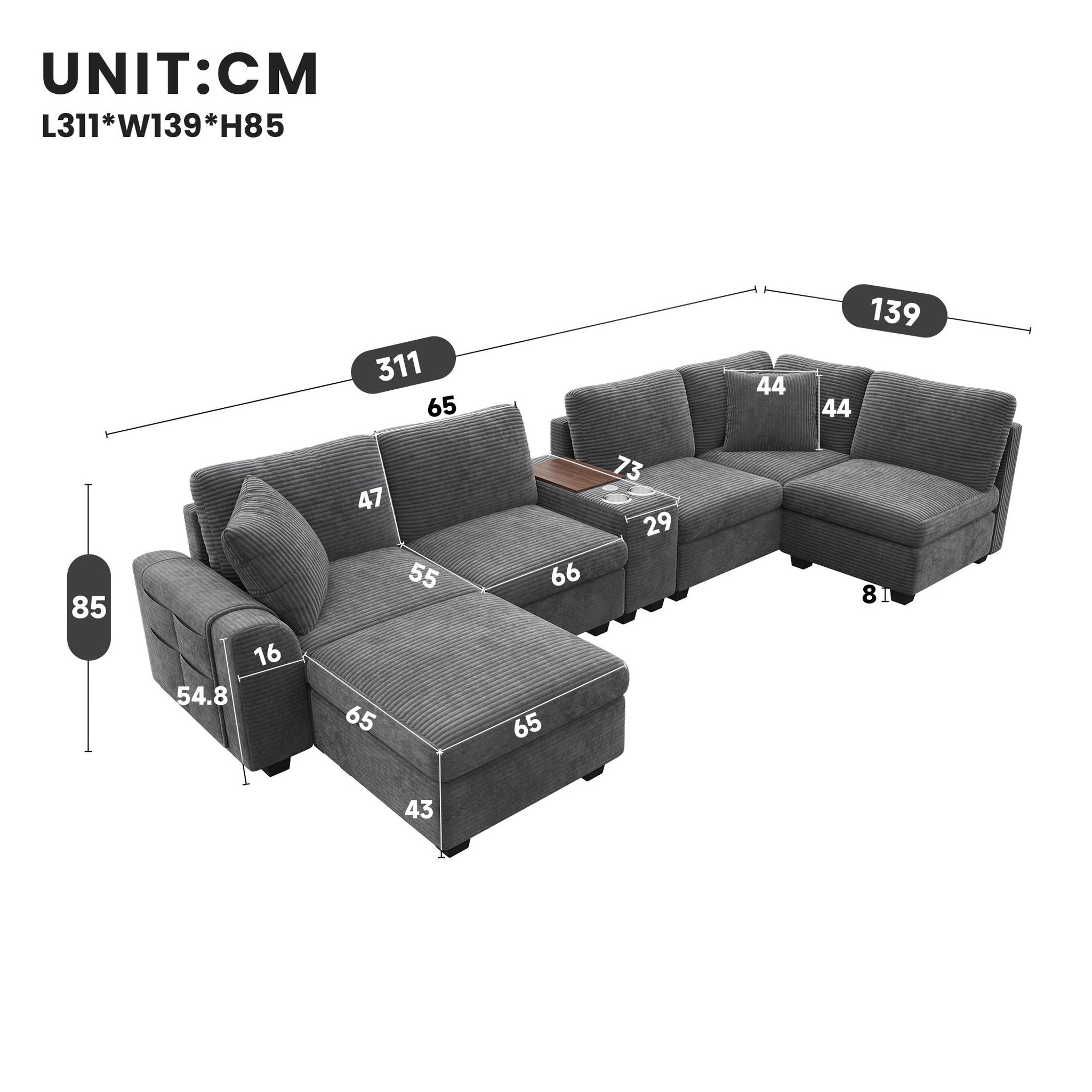Voir la diapositive 3 : MERAX Canapé d'angle modulable u/l 6 places avec console usb tissu côtelé
