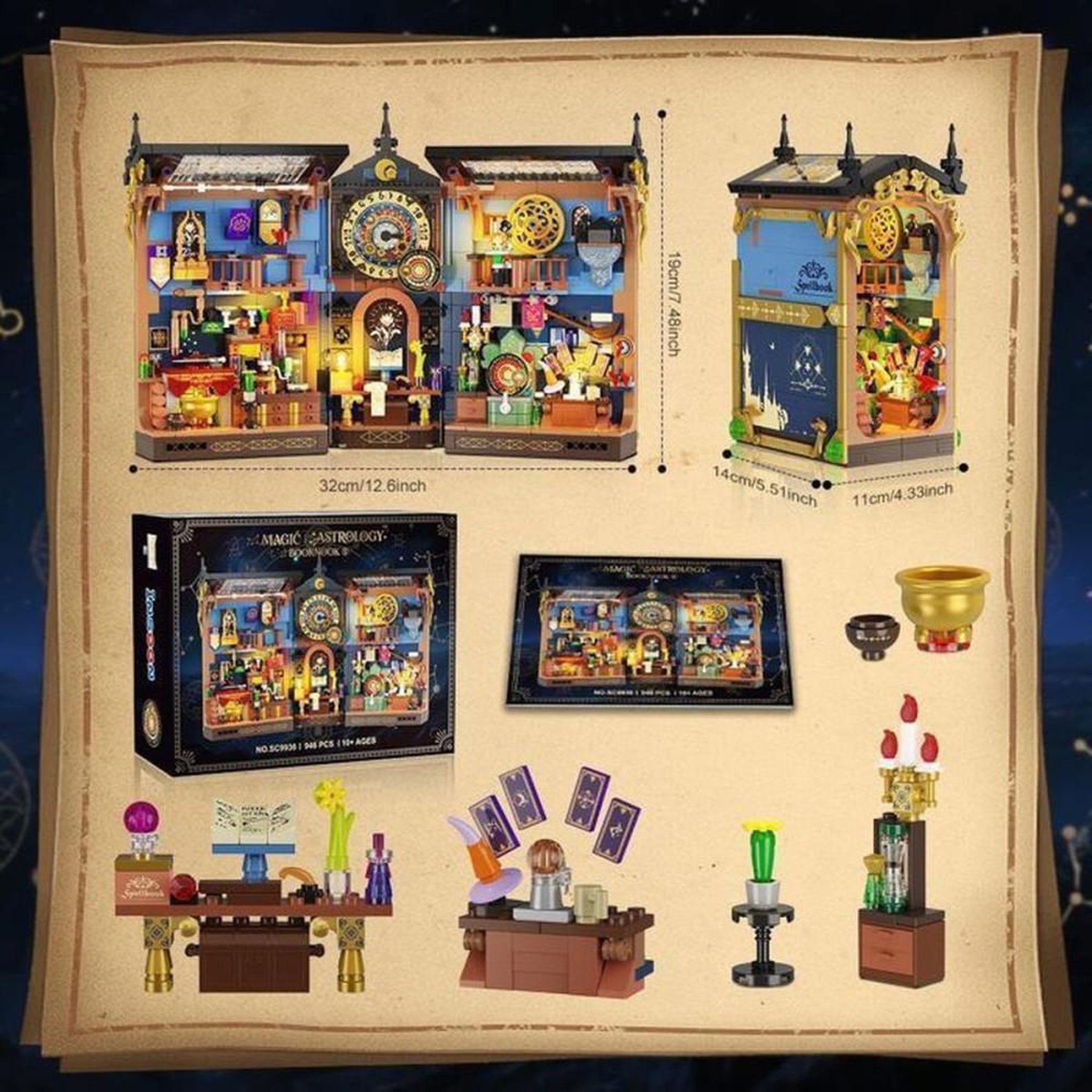Voir la diapositive 2 : Kit de construction LED pour diorama en forme de livre, 946 pièces, thème astrologie, ouverture 180°, lumière chaude