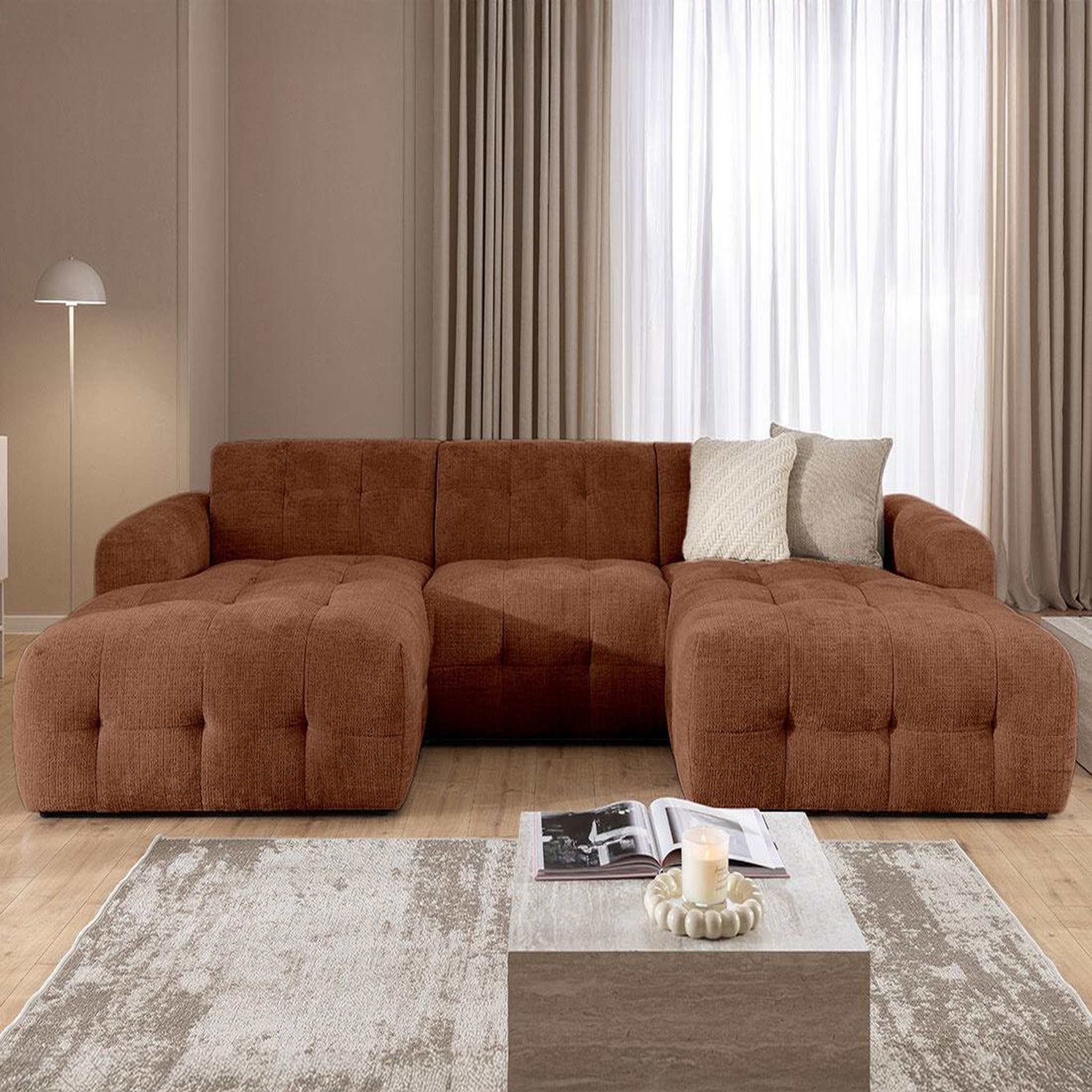 Voir la diapositive 4 : BEST MOBILIER Diane - canapé panoramique en u 6 places en velours texturé