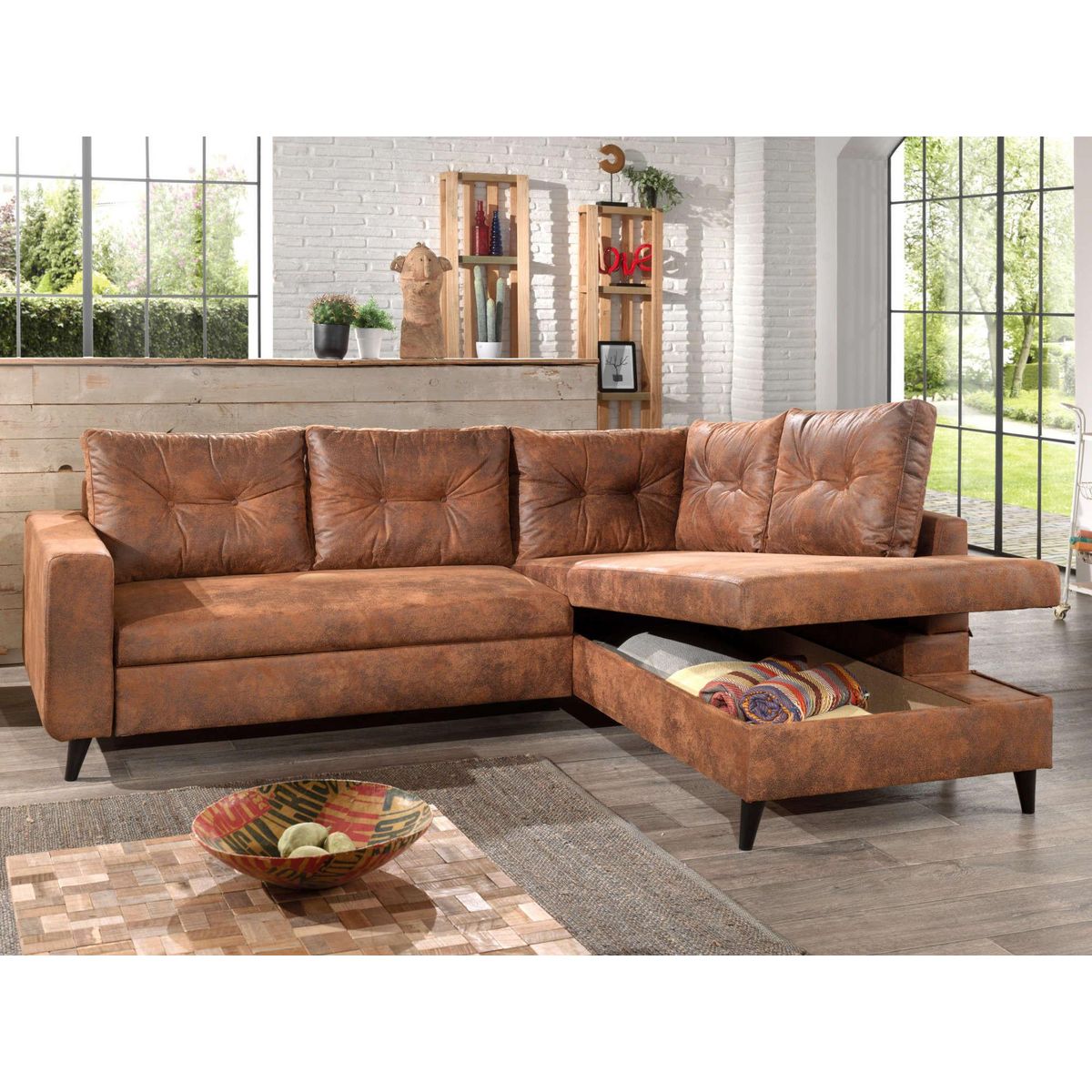 BEST MOBILIER Nordic - canapé d'angle l - 5 places - convertible - industriel vintage - droit