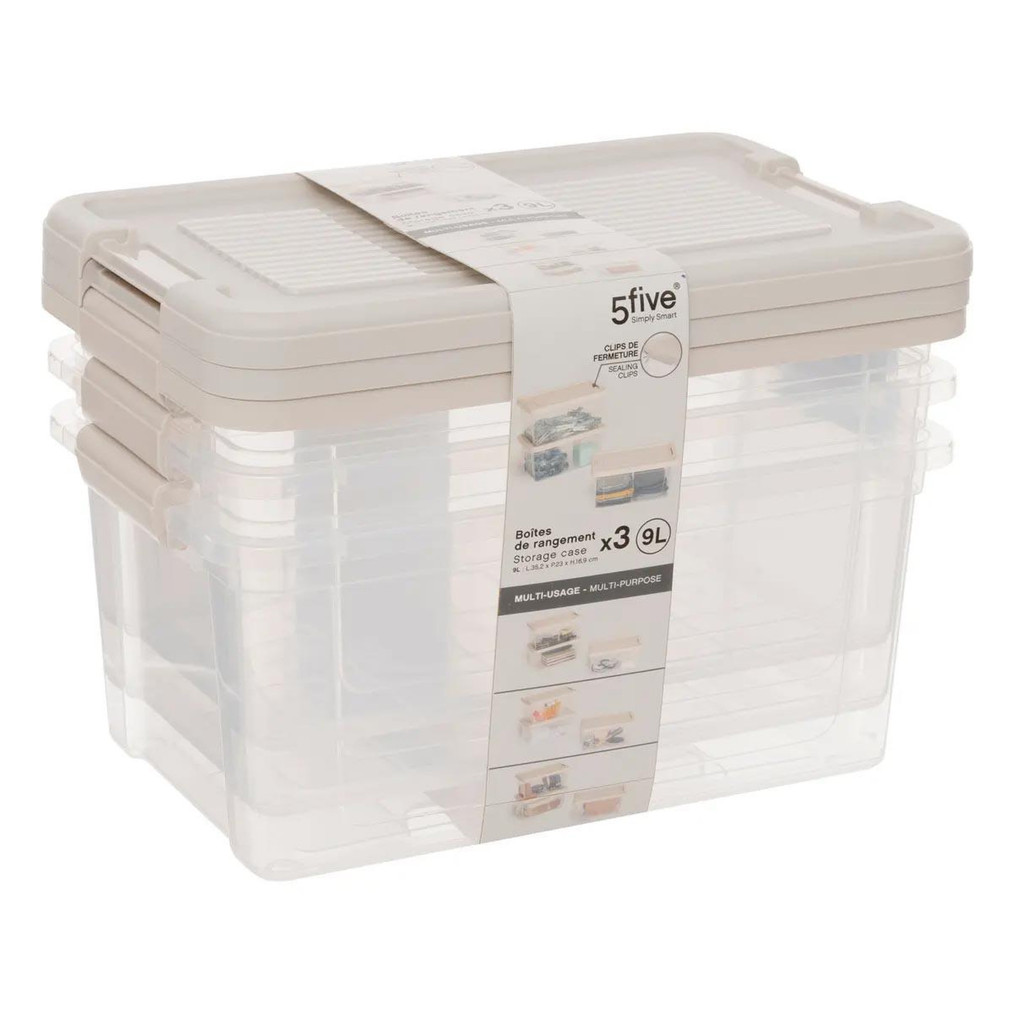 Voir la diapositive 6 : FIVE Lot de 3 boîtes de rangement  tide'n  9l transparent