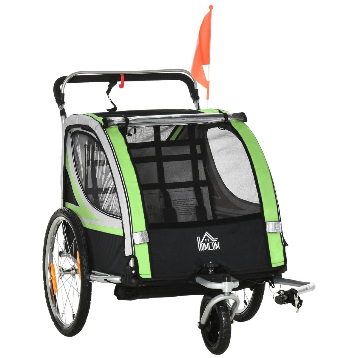 HOMCOM Remorque vélo jogger 2 en 1 pour enfant drapeau roue avant pivotante  réflecteurs et barre d'attelage inclus vert noir pas cher 