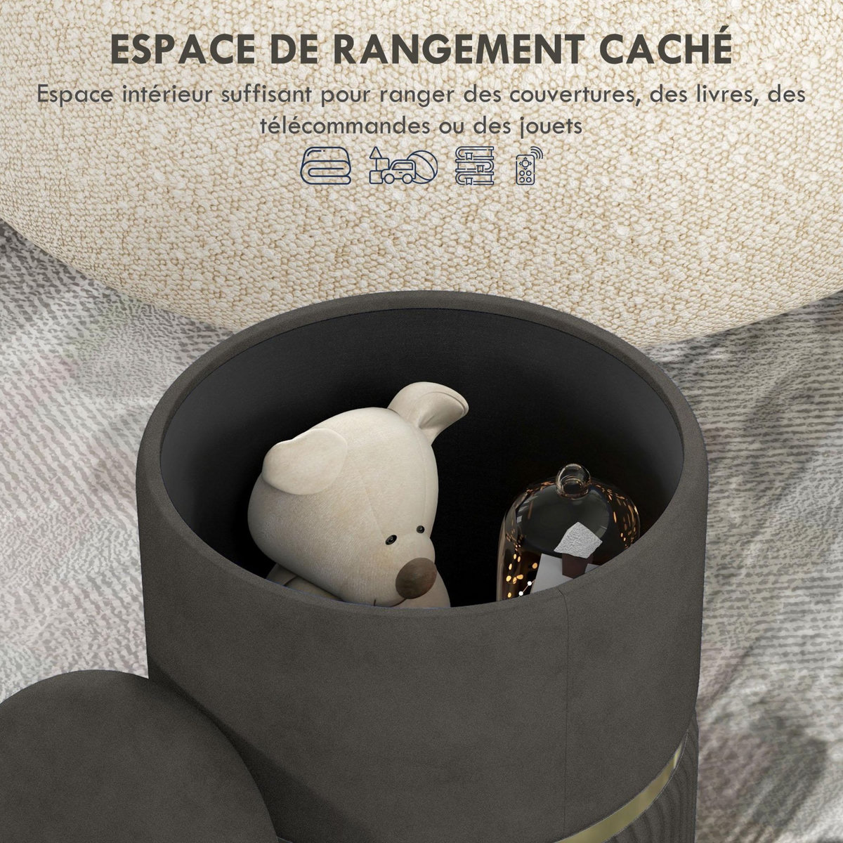 HOMCOM Pouf repose-pied tabouret design avec coffre de rangement velours côtelé acier brossé doré
