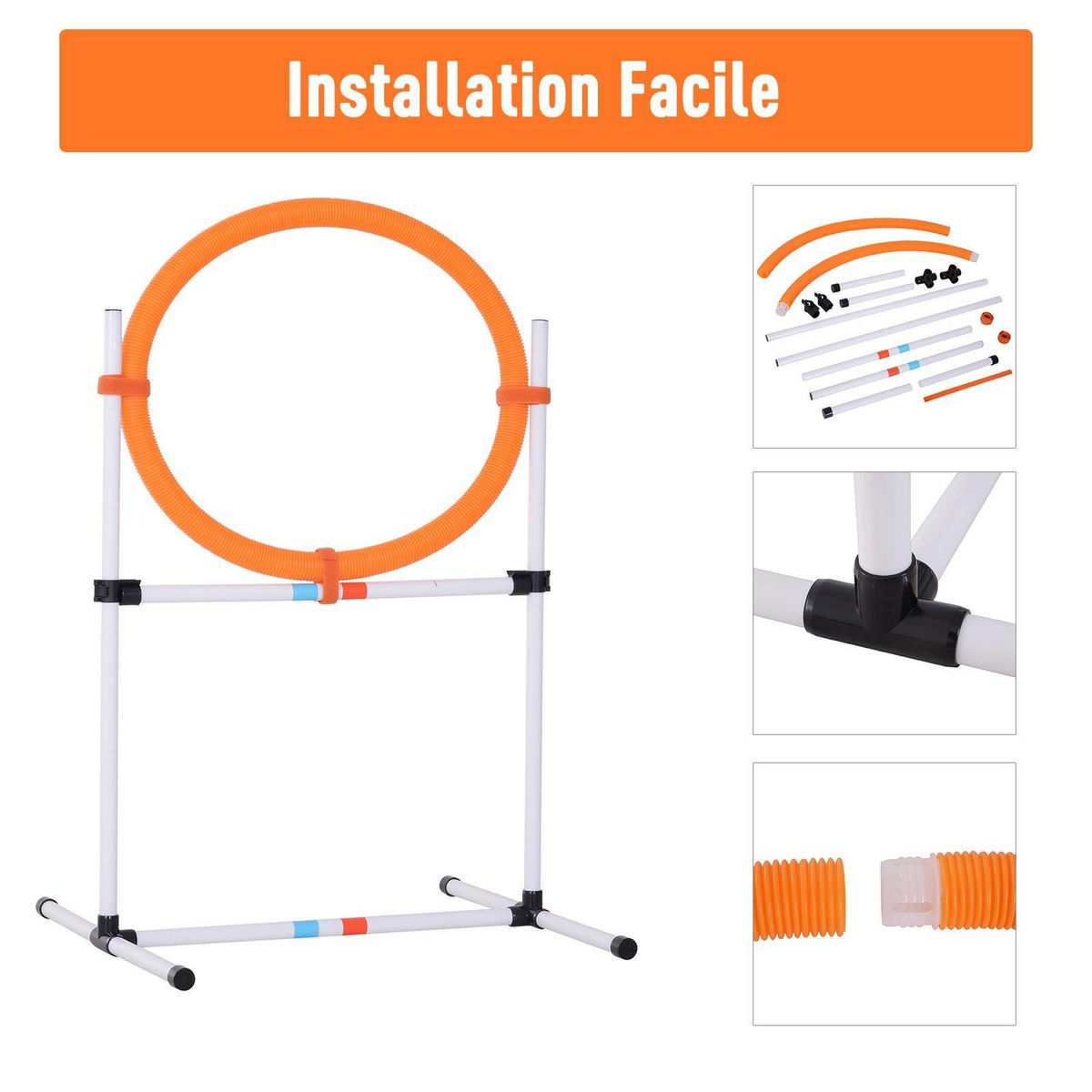 PAWHUT Agility sport pour chiens anneau d'agilité et obstacle 2 en 1 avec sac de transport plastique blanc orange