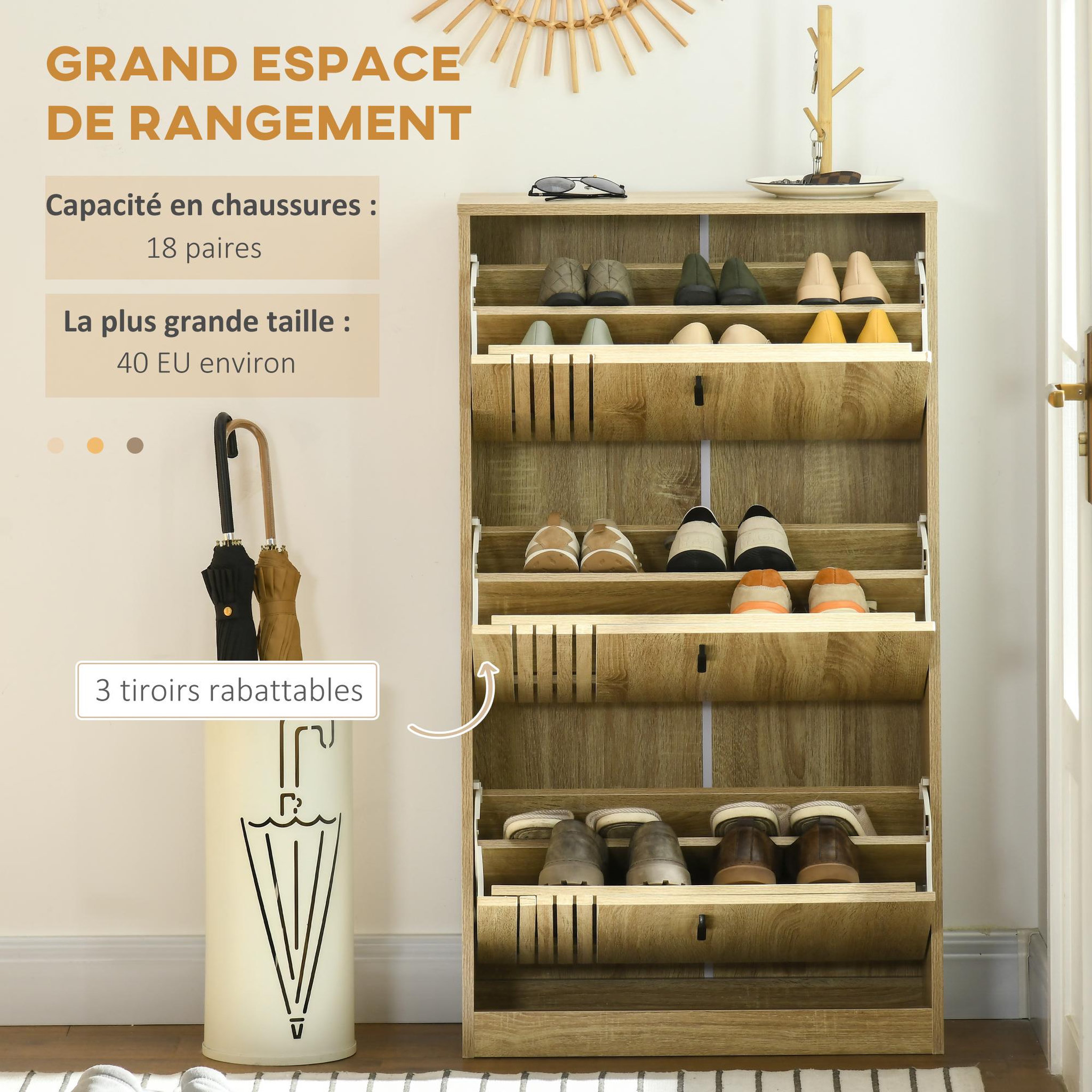 Voir la diapositive 4 : HOMCOM Meuble à chaussures design Urban Craft 3 portes abattantes 3 étagères poignées métal noir aspect chêne clair