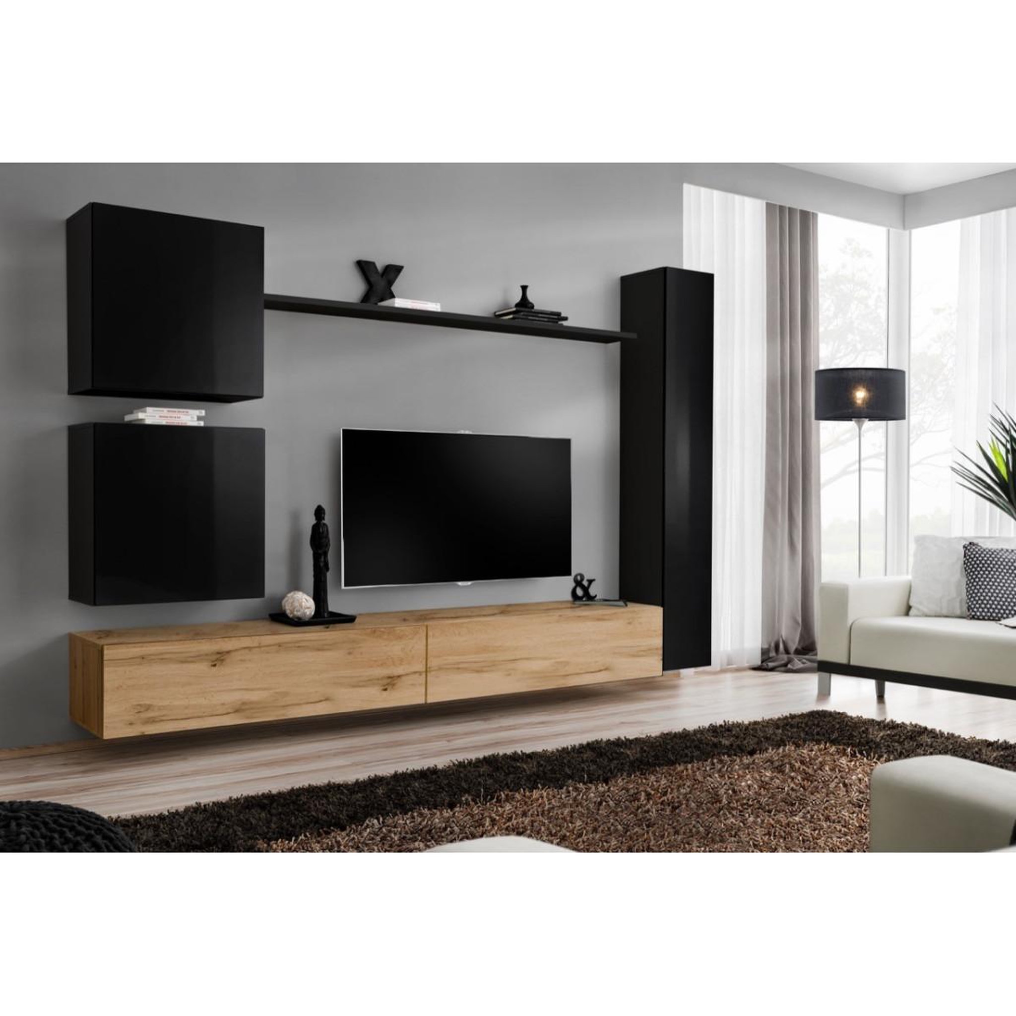 Voir la diapositive 2 : Paris Prix Meuble tv mural design  switch viii  280cm noir & naturel
