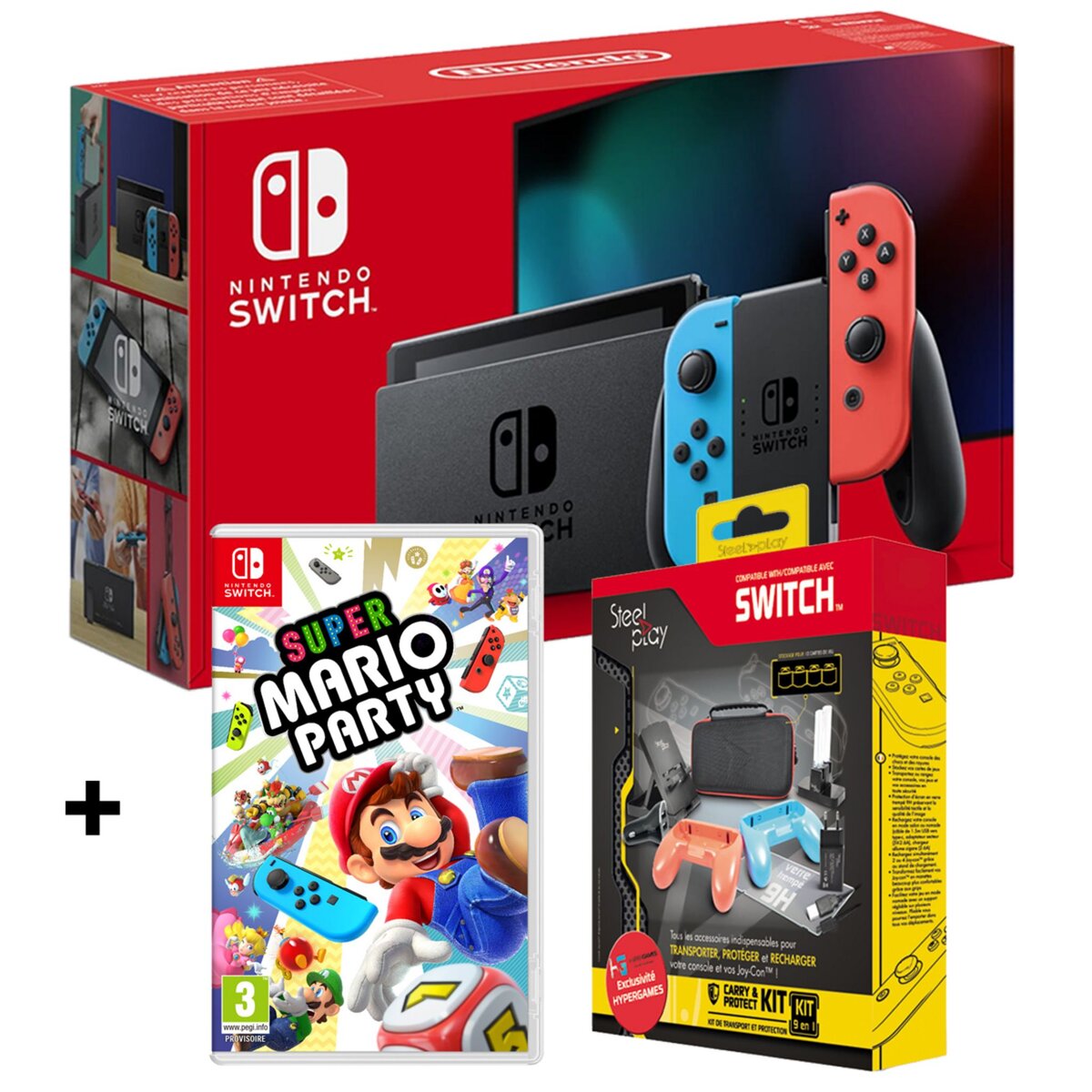 Console Nintendo Switch Joy-Con Bleu Rouge + Pack Accessoires Exclusif Auchan + Super Mario Party