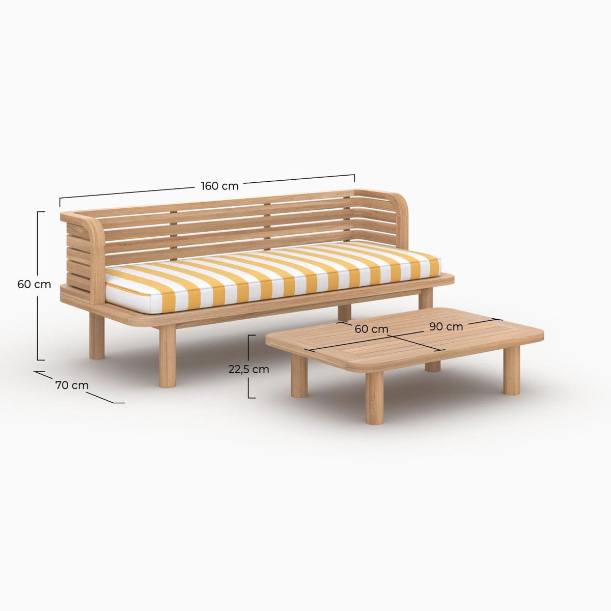 Rendez vous déco Salon de jardin 2 places en teck et tissu rayé jaune, canapé-Kilda