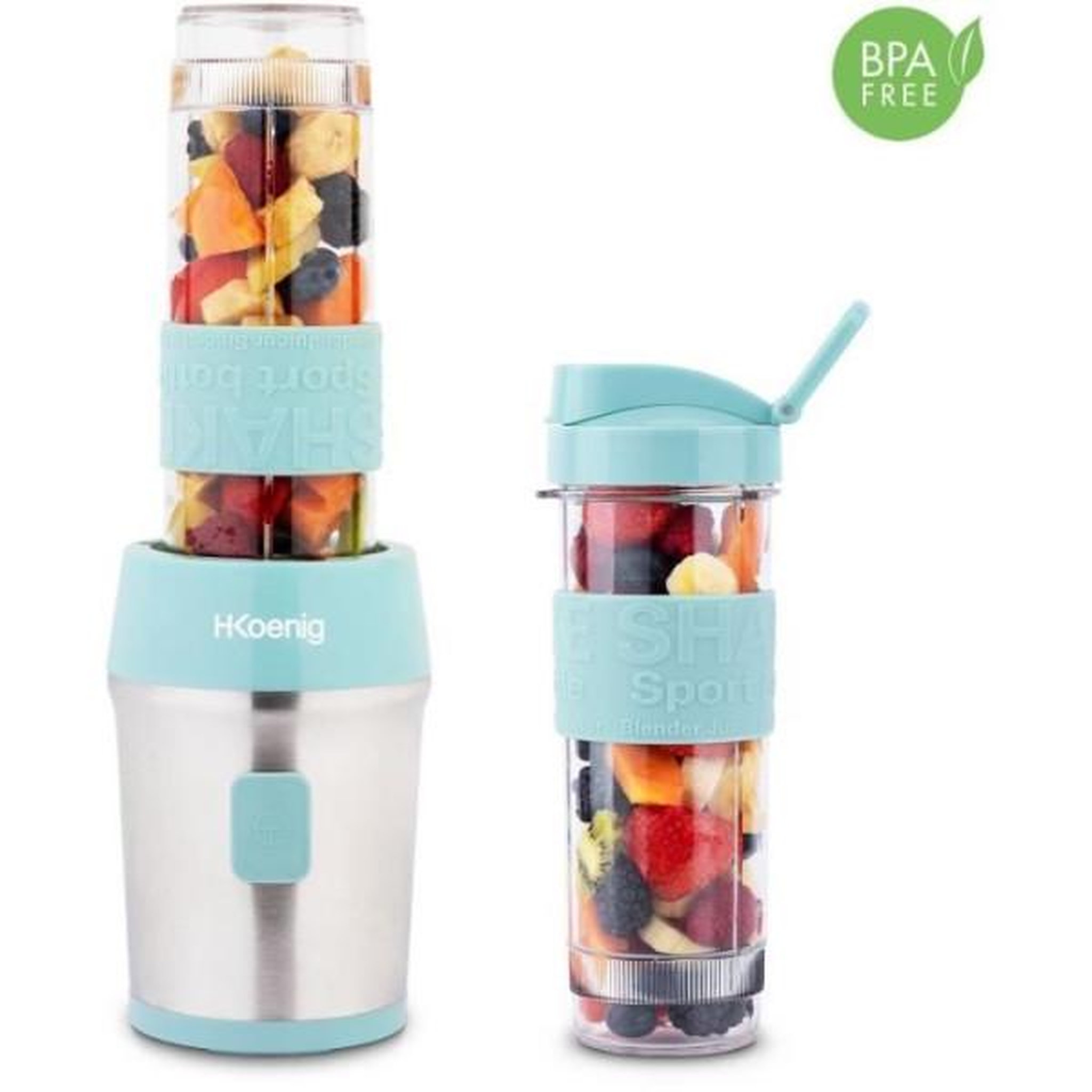 Voir la diapositive 2 : HKOENIG Blender Mini  - H.KoeNIG - SMOO16 - 300 W - 570 mL - Bleu pastel - 2 gourdes incluses - Sans BPA