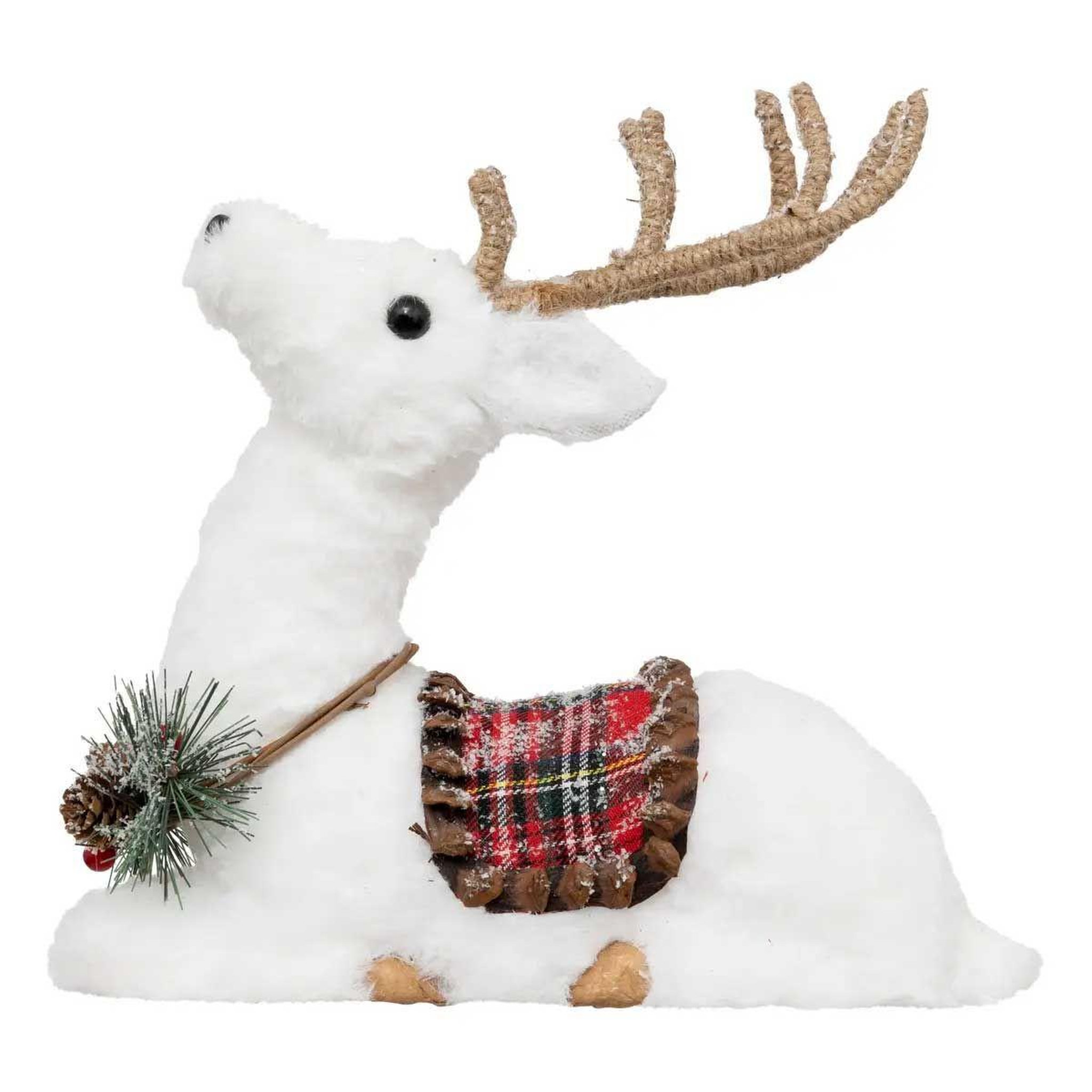 ATMOSPHERA Statuette déco renne  selle à carreaux  28cm blanc
