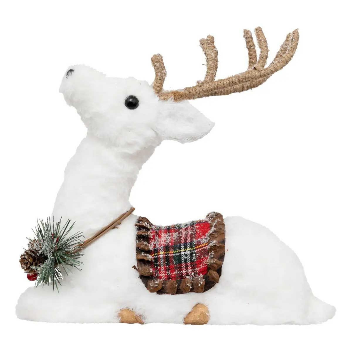 ATMOSPHERA Statuette Déco Renne  Selle à Carreaux  28cm Blanc