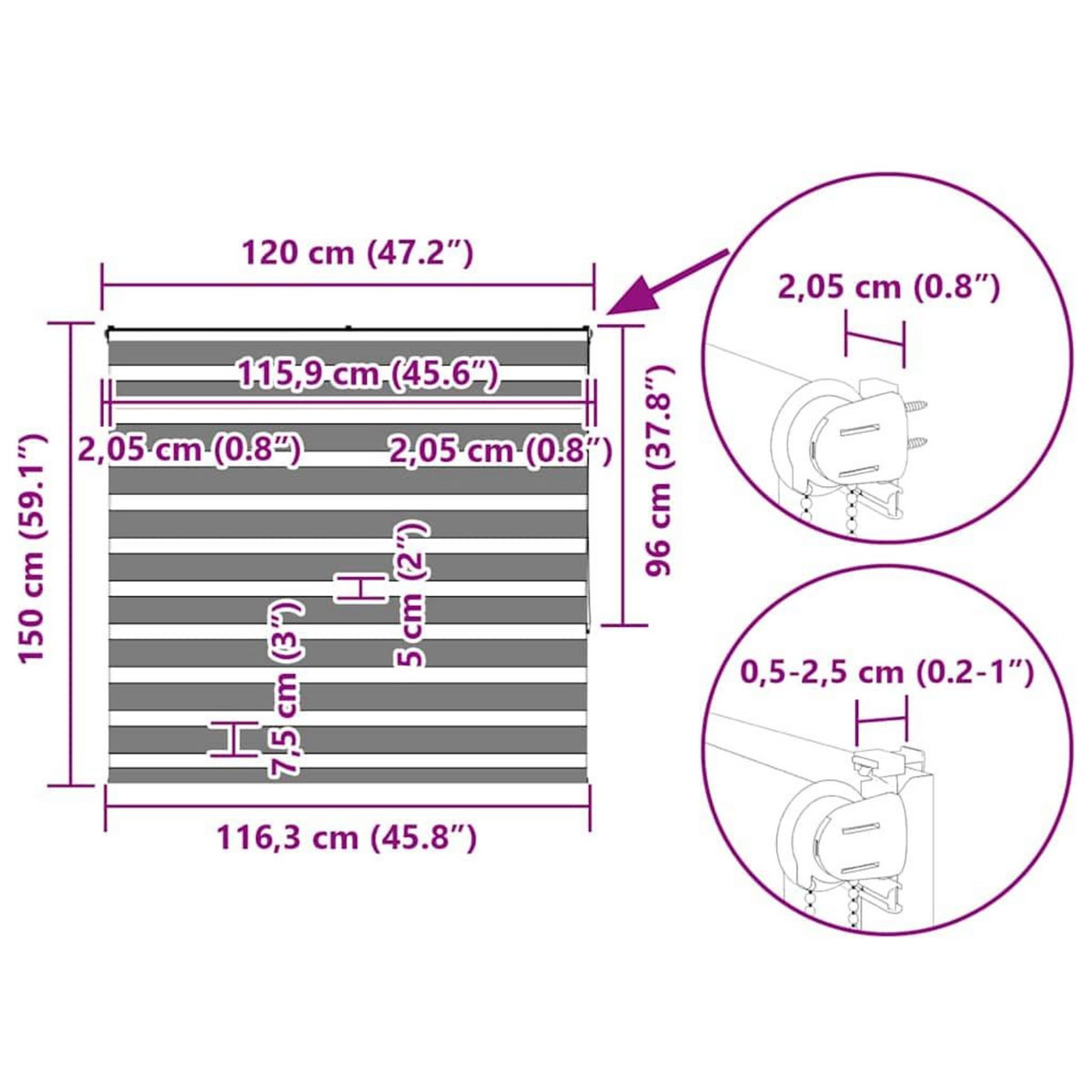 VIDAXL Store zebre gris fonce largeur du tissu 115,9 cm polyester