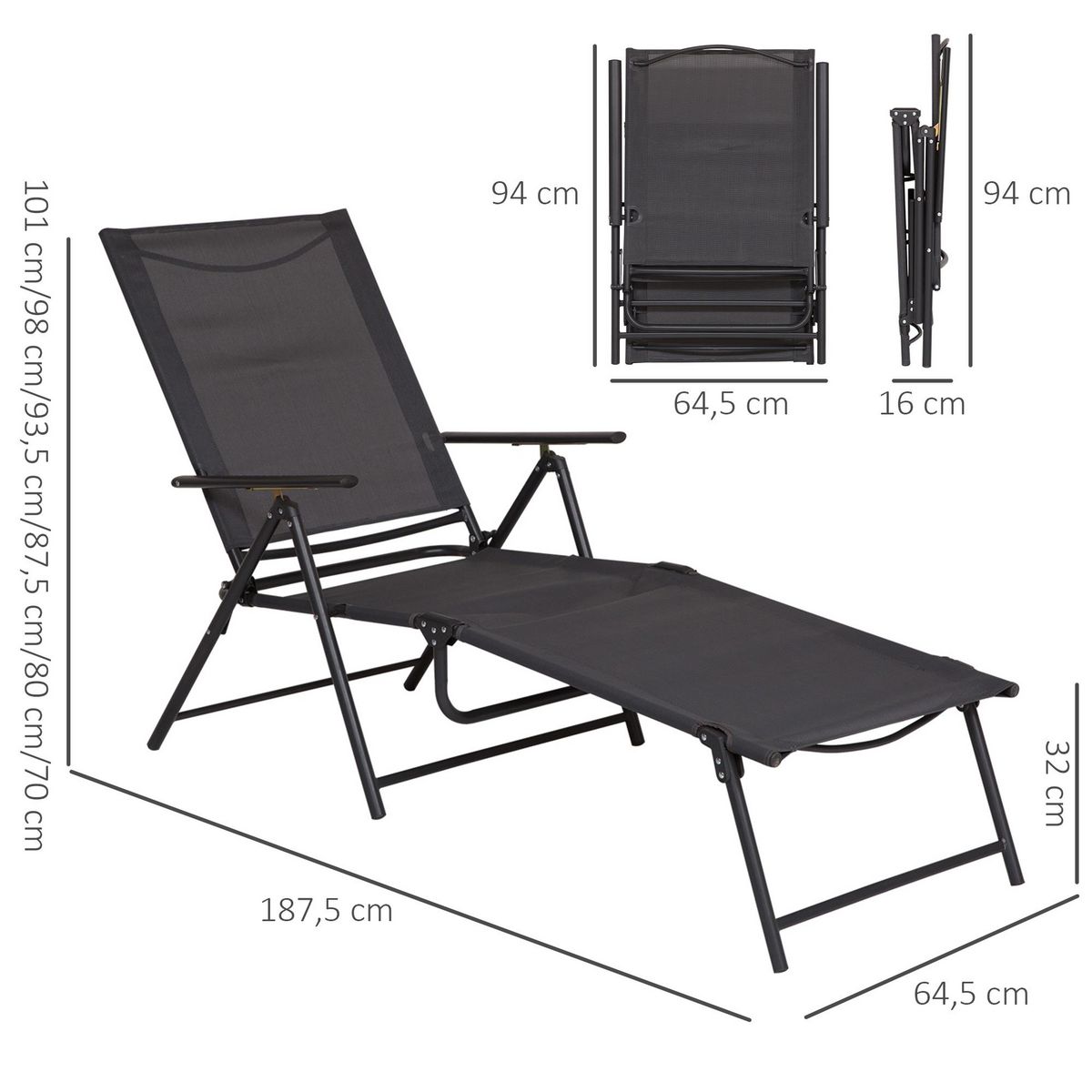 OUTSUNNY Bain de soleil pliable transat inclinable 5 positions chaise longue grand confort avec accoudoirs dim. 152L x 65l x 100H cm métal époxy textilène gris