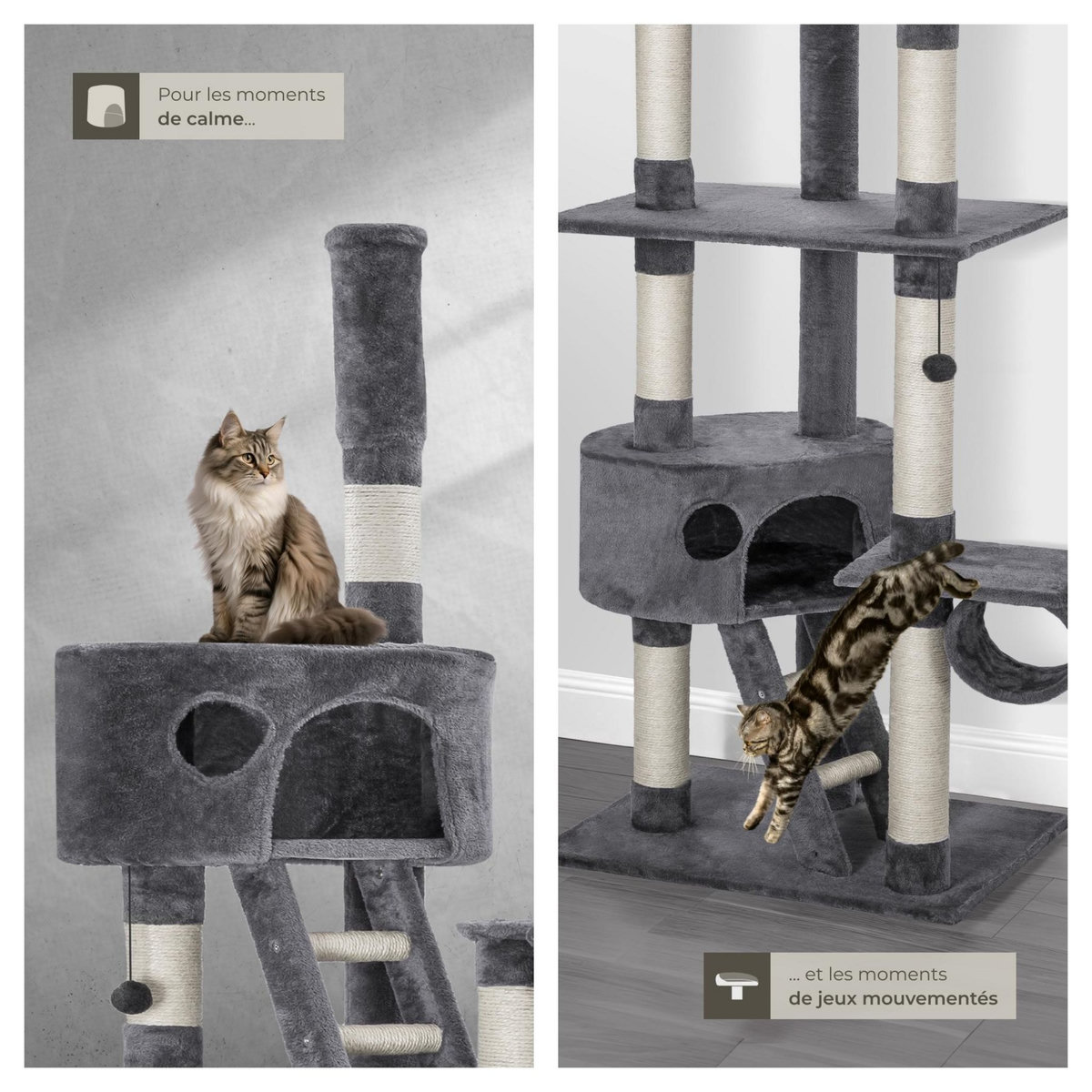 tectake Arbre à chat 243 à 260 cm avec griffoir et plateforme d'escalade gris