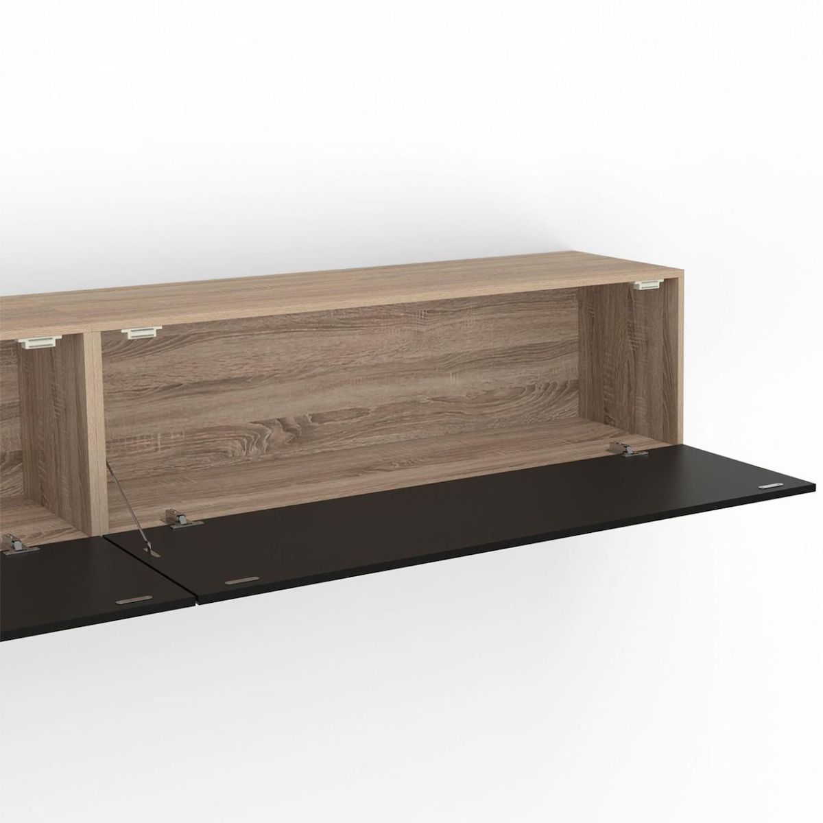 ID MARKET Meuble TV 300 cm suspendu ELIO 3 portes bois et noir