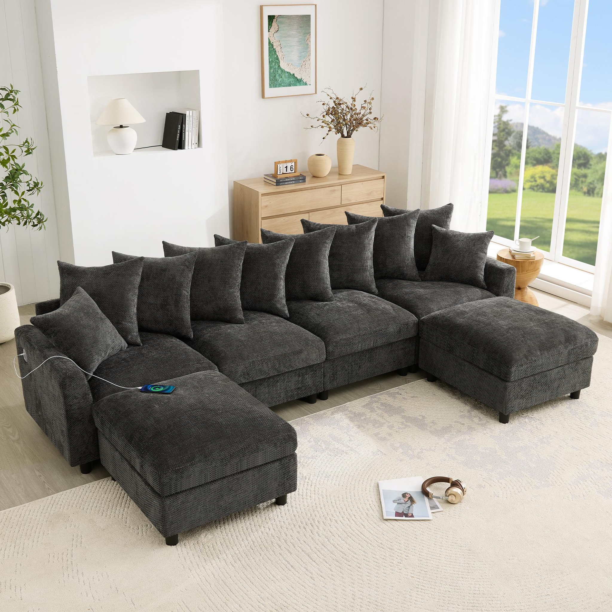 Voir la diapositive 4 : MERAX Canapé d'angle modulable 6 places u/l avec 2 poufs usb type-c tissu chenille