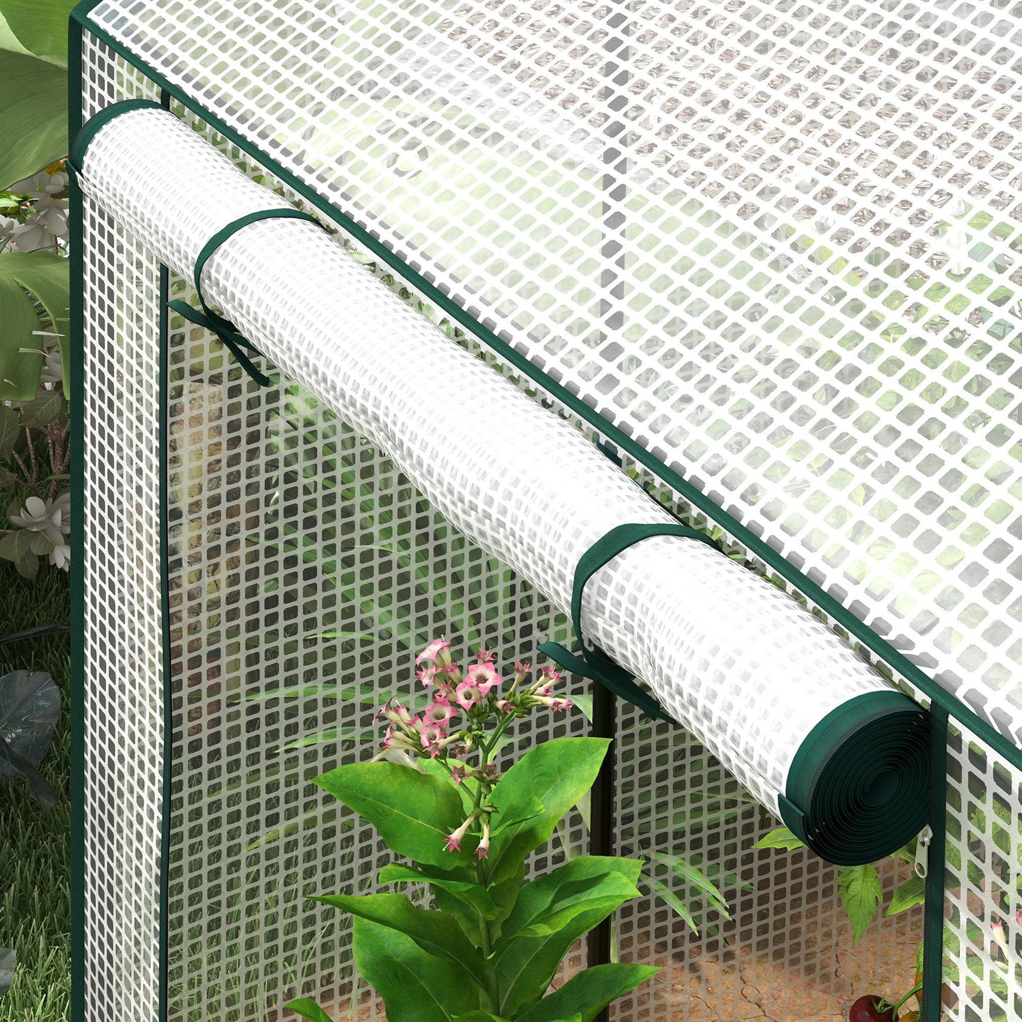 Voir la diapositive 5 : OUTSUNNY Serre de jardin 0,8 m² - 2 espaces, 2 portes enroulables - acier pe transparent