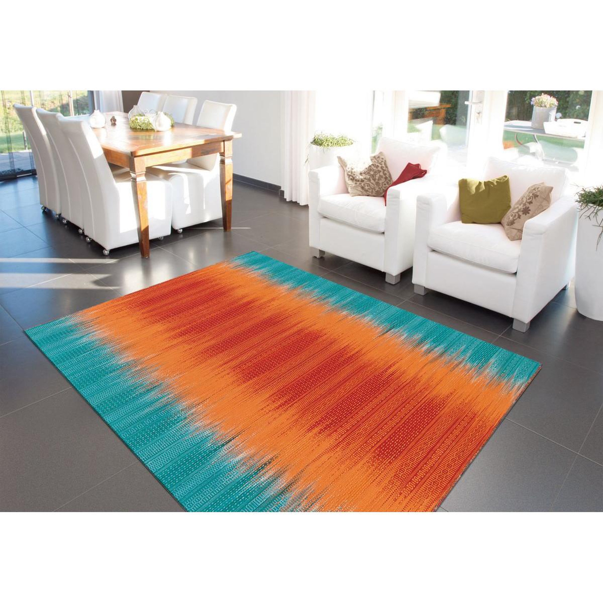 Voir la diapositive 2 : Paris Prix Tapis en Laine Tissé Fait Main  Sunset  Orange & Bleu
