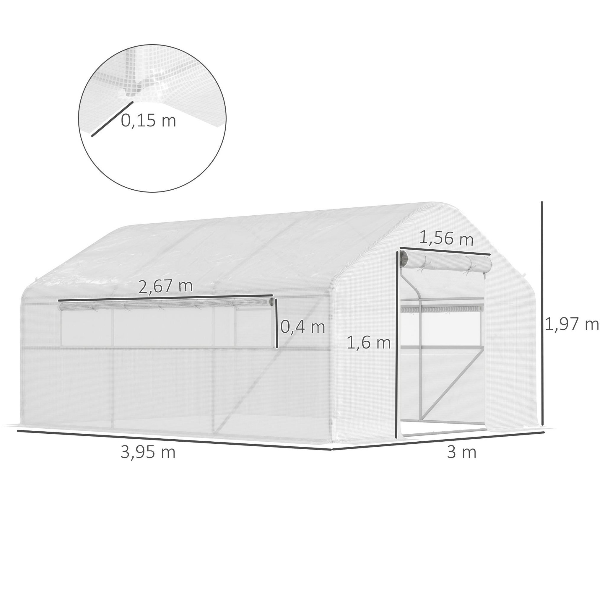 Voir la diapositive 3 : OUTSUNNY Serre de jardin 12 m² - serre tunnel 4 x 3 x 2 m porte 2 grandes fenêtres enroulables maillées acier galvanisé PE blanc
