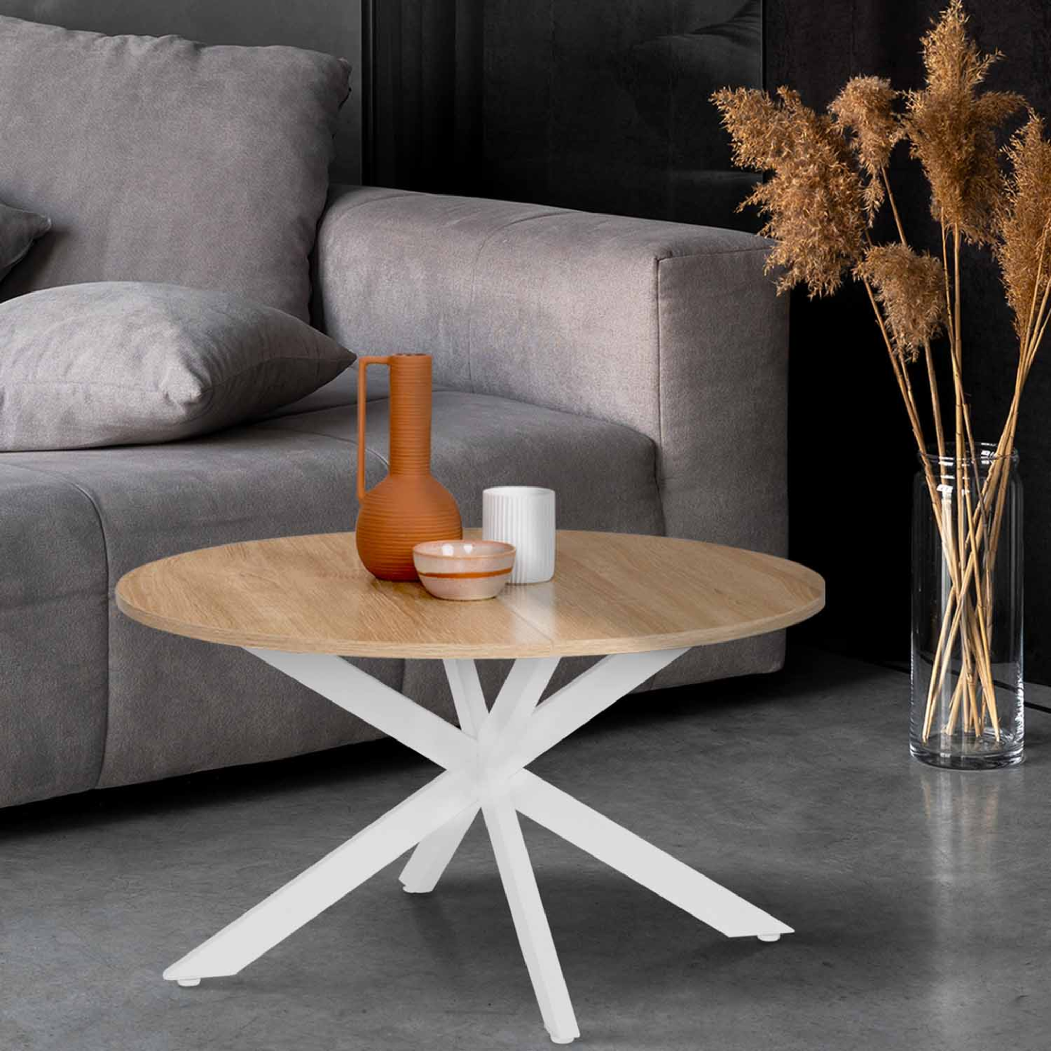 Voir la diapositive 2 : ID MARKET Table basse ronde alix pied araignée 70 cm bois et blanc