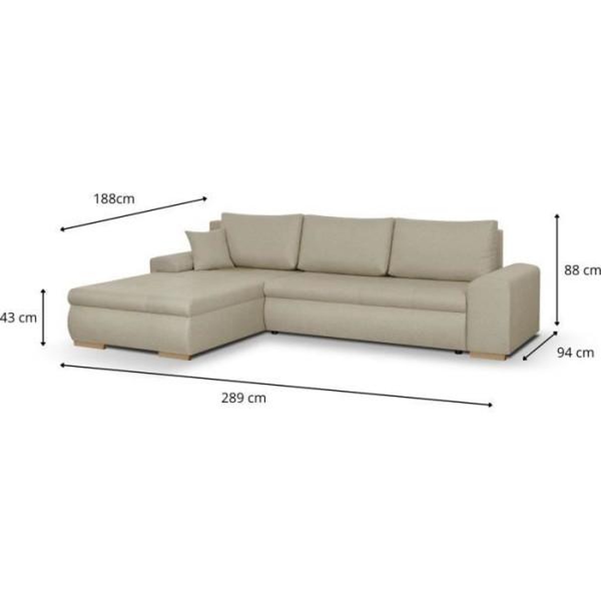 Voir la diapositive 5 : MARKET24 Canapé d'angle convertible réversible + coffre de rangement - Tissu Beige - L 289 x P 94/188 x H 88 cm - INDIAN