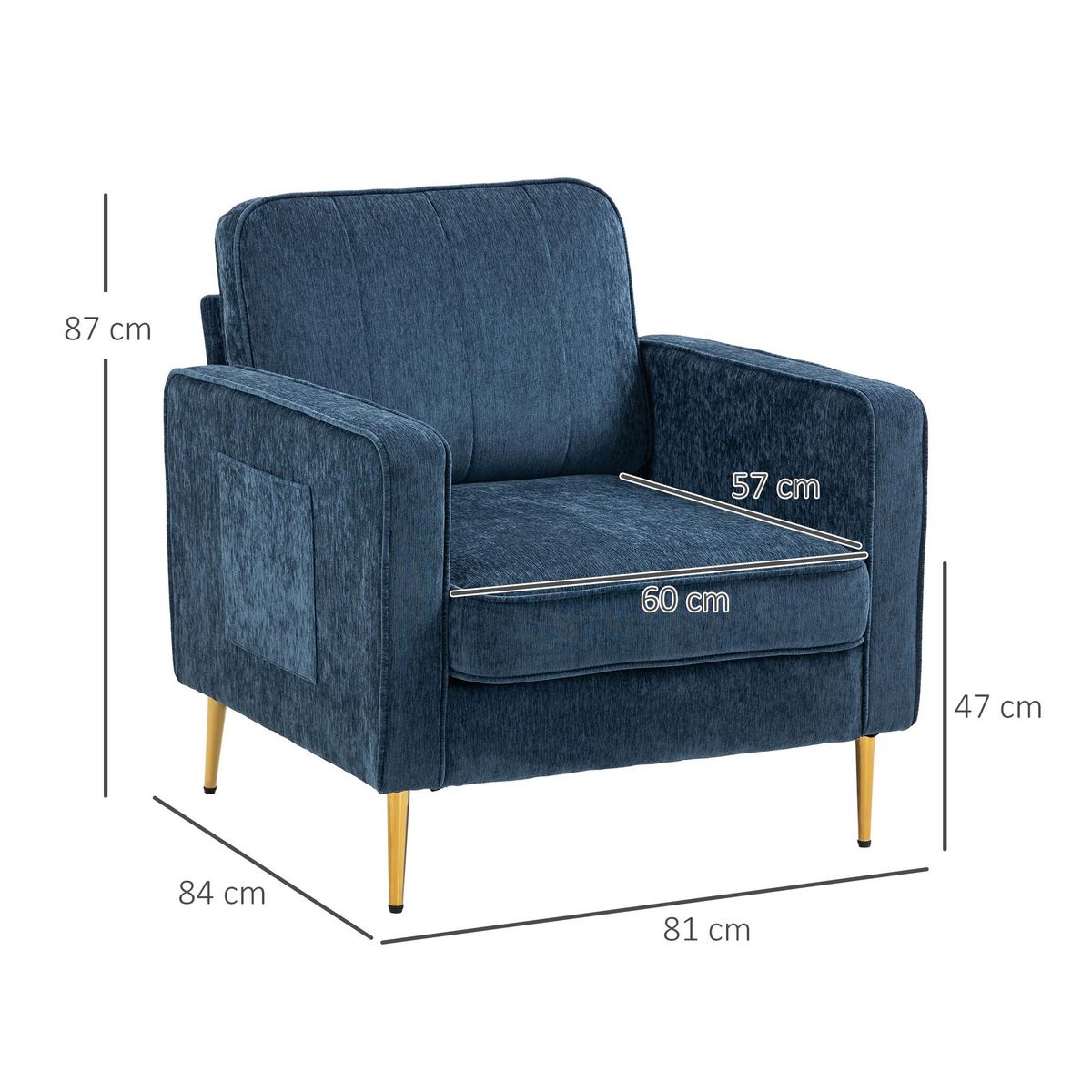 HOMCOM Fauteuil style art déco piètement métal doré tissu bleu