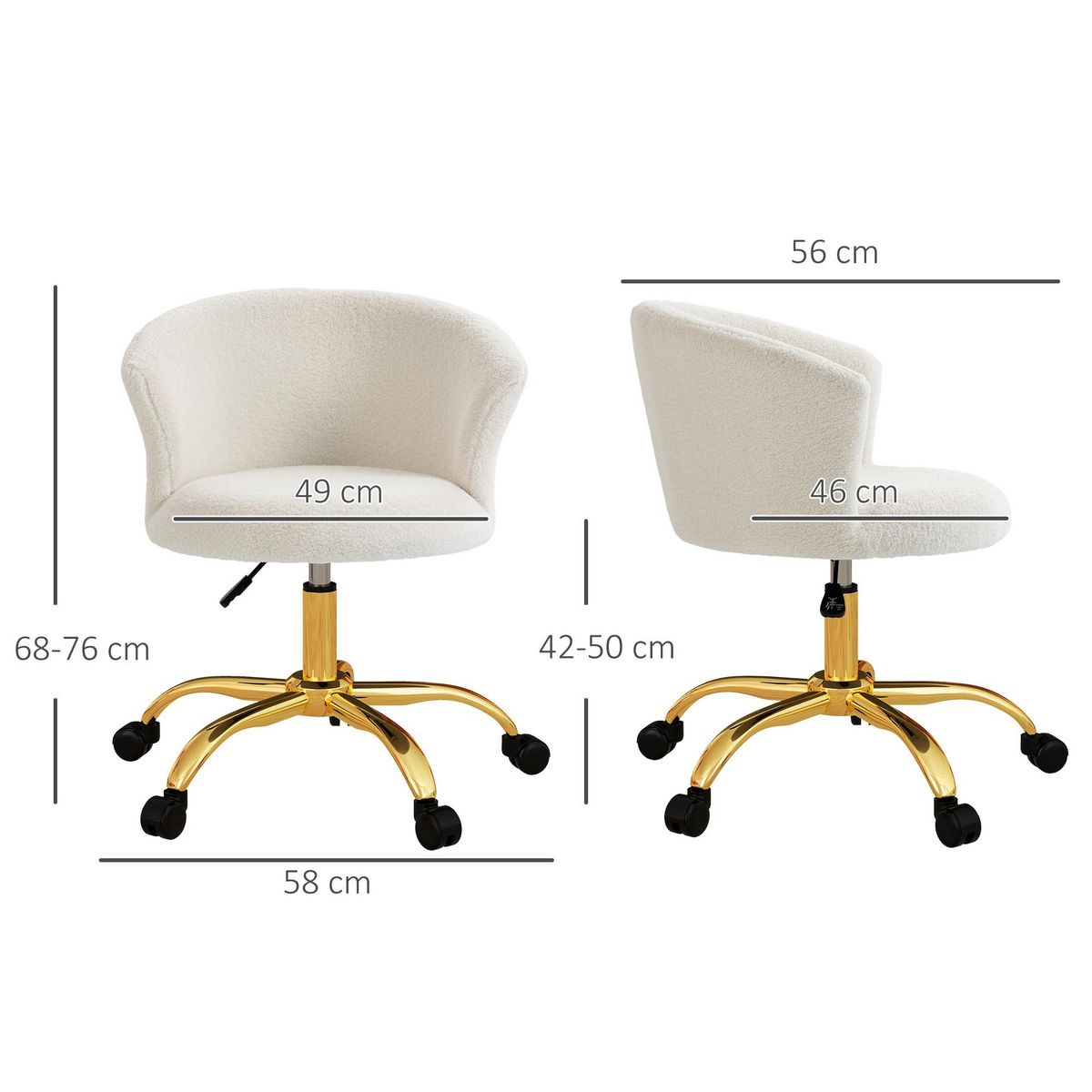 VINSETTO Chaise de bureau design effet courte laine bouclée piètement métal doré blanc