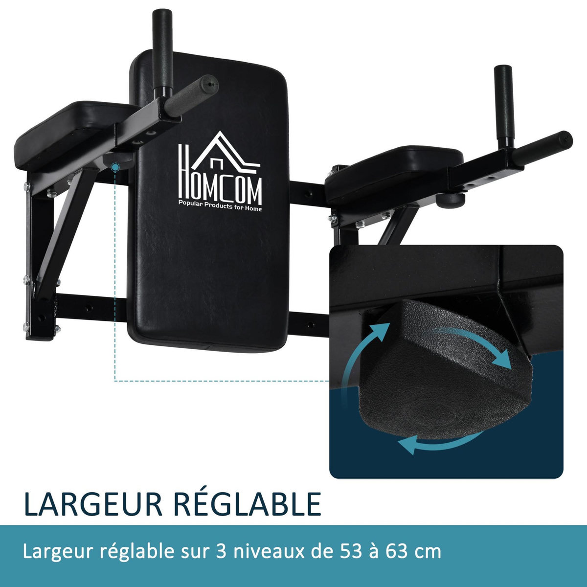 HOMCOM Barre de traction barre de Fitness fixation murale réglable acier 70 x 48 x 53-63 cm noir