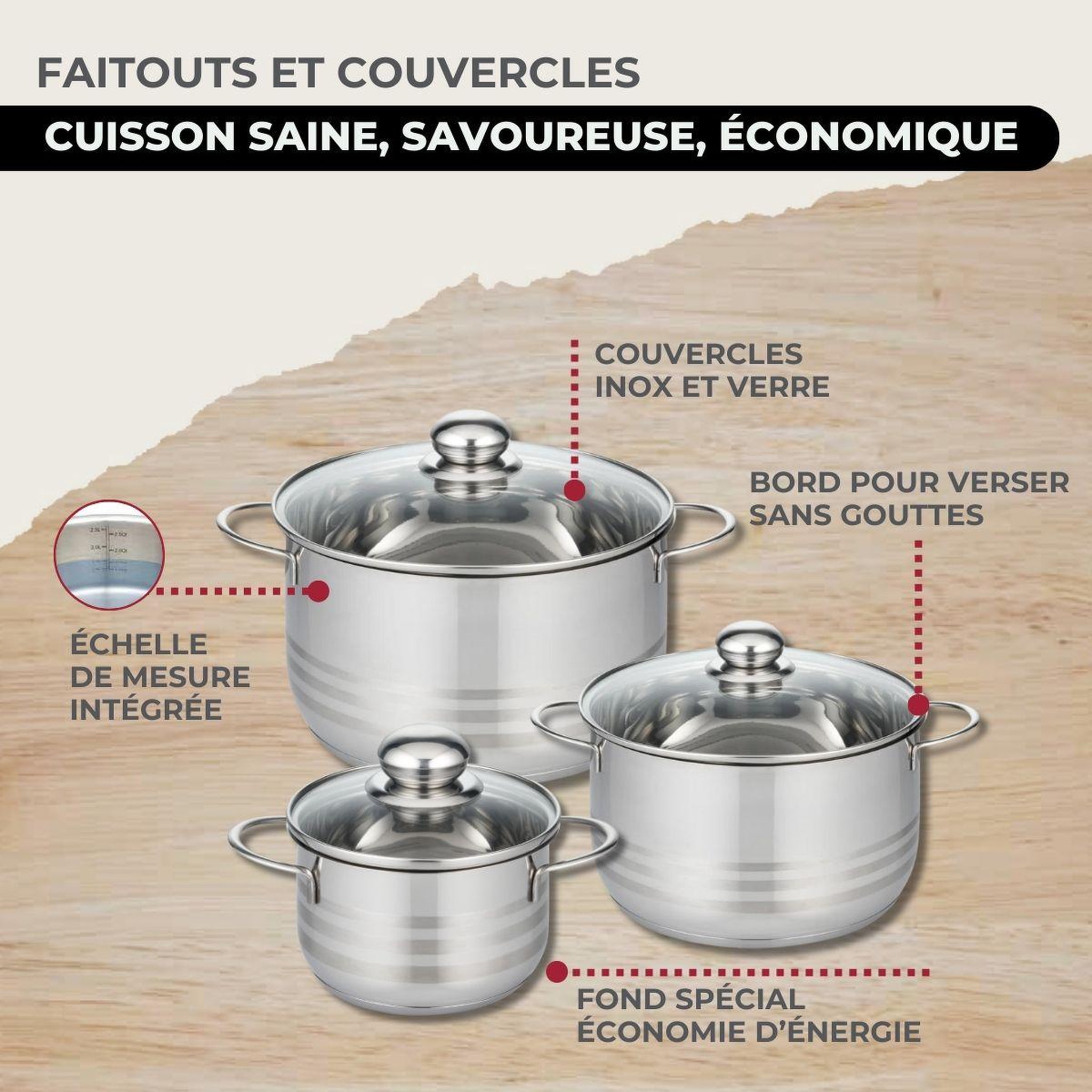 Voir la diapositive 6 : Fackelmann Batterie de cuisine avec 1 poêle 24 cm et 3 faitouts 16/20/24 cm et 6 ustensiles de cuisine sans pfas fackelmann etherna brillant fenix