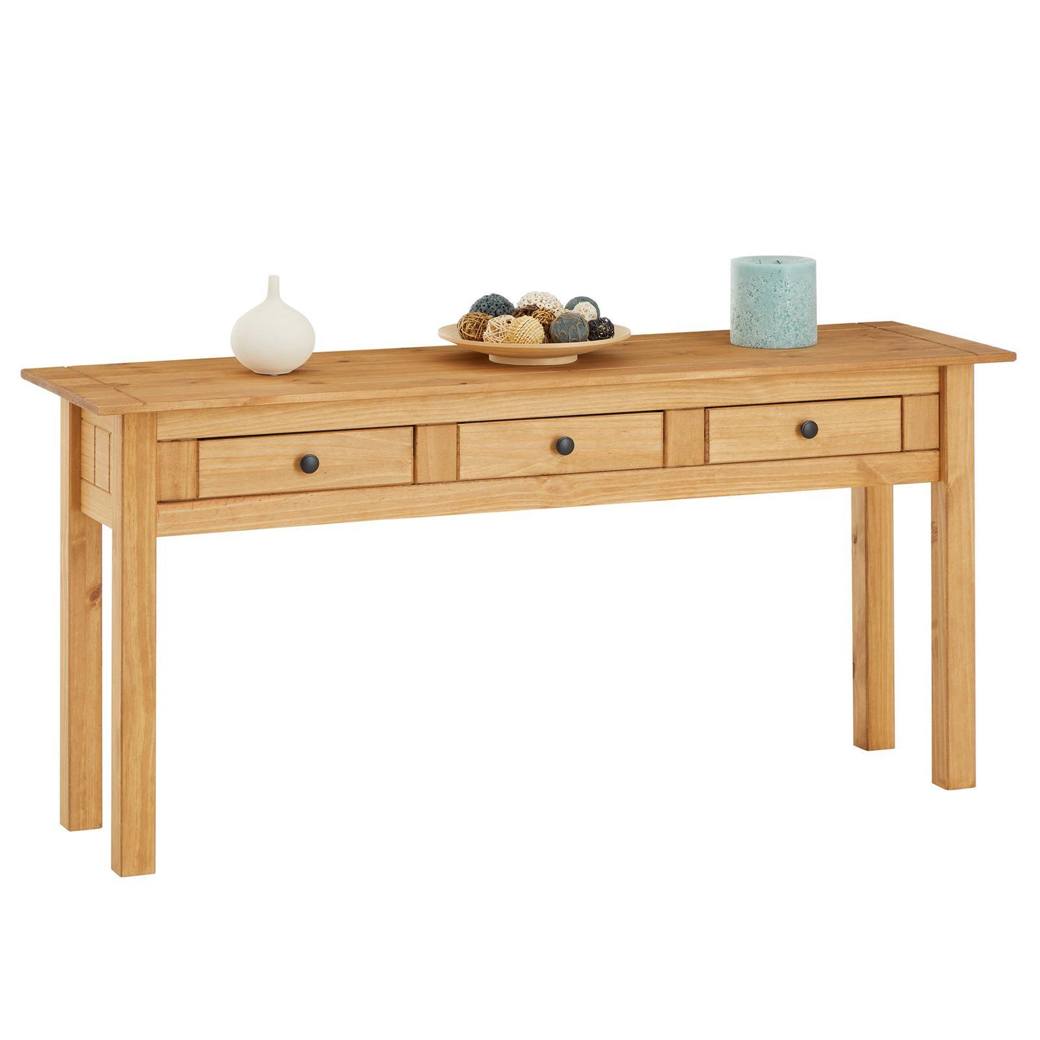 Voir la diapositive 1 : IDIMEX Table console CANCUN meuble d'appoint en bois avec 3 tiroirs, en pin massif finition teintée/cirée