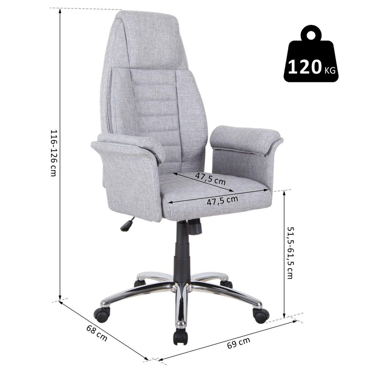 HOMCOM Fauteuil de bureau ergonomique hauteur réglable roulettes pivotantes 69 x 68 x 126 cm gris