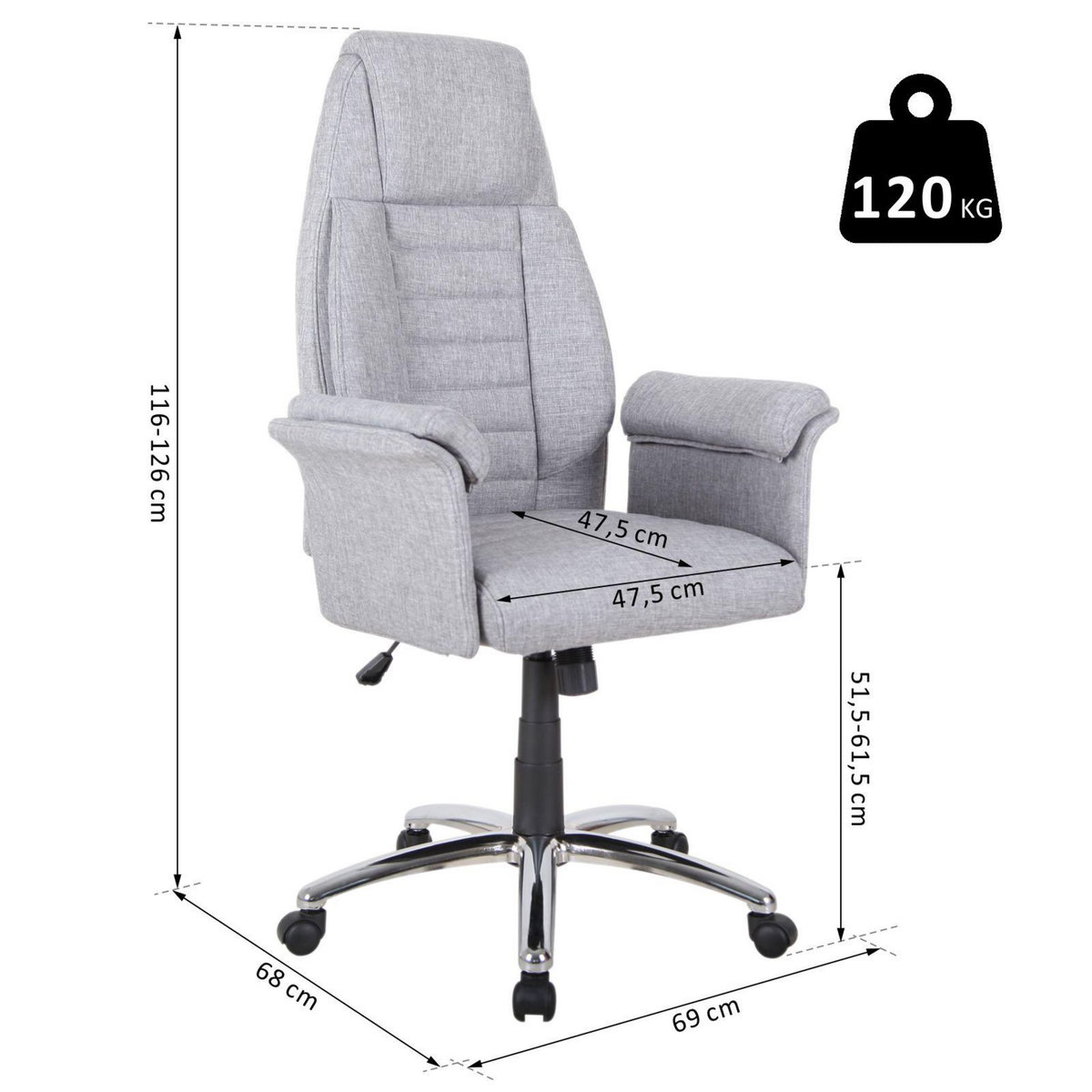 HOMCOM Fauteuil de bureau ergonomique hauteur réglable roulettes pivotantes 69 x 68 x 126 cm gris