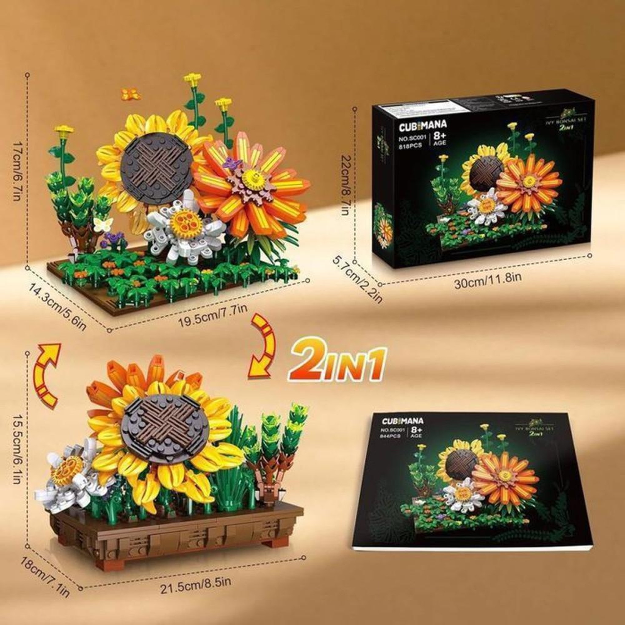 Voir la diapositive 6 : Kit de construction 2-en-1 floral bonsaï et fleur de table, 818 pièces, multicolore, dès 8 ans