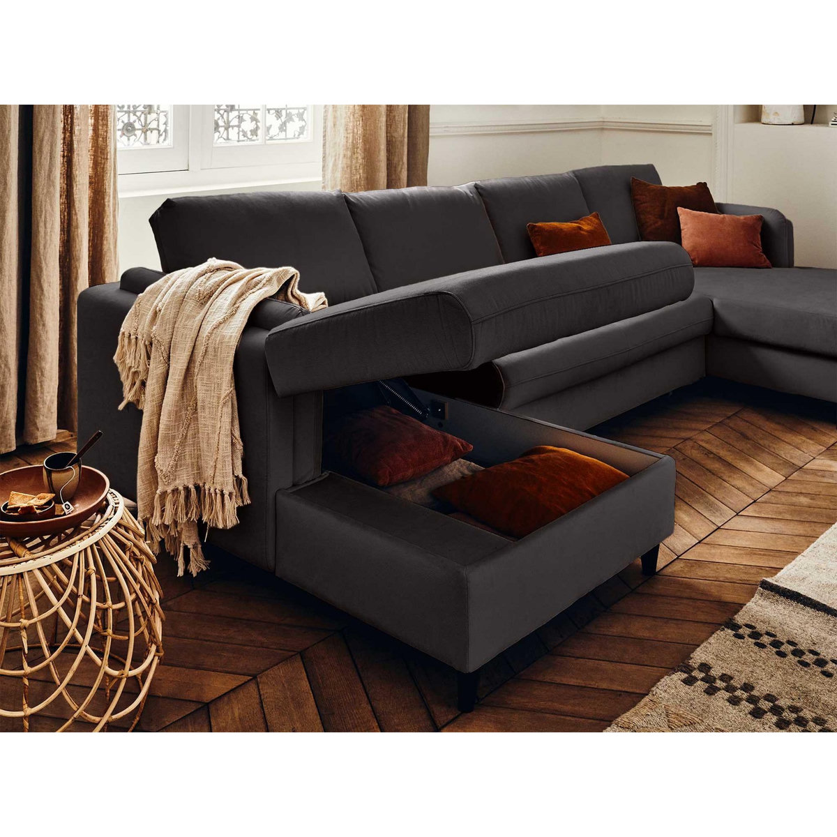 LISA DESIGN Brooke - canapé panoramique en u - 7 places - convertible avec coffre - en velours