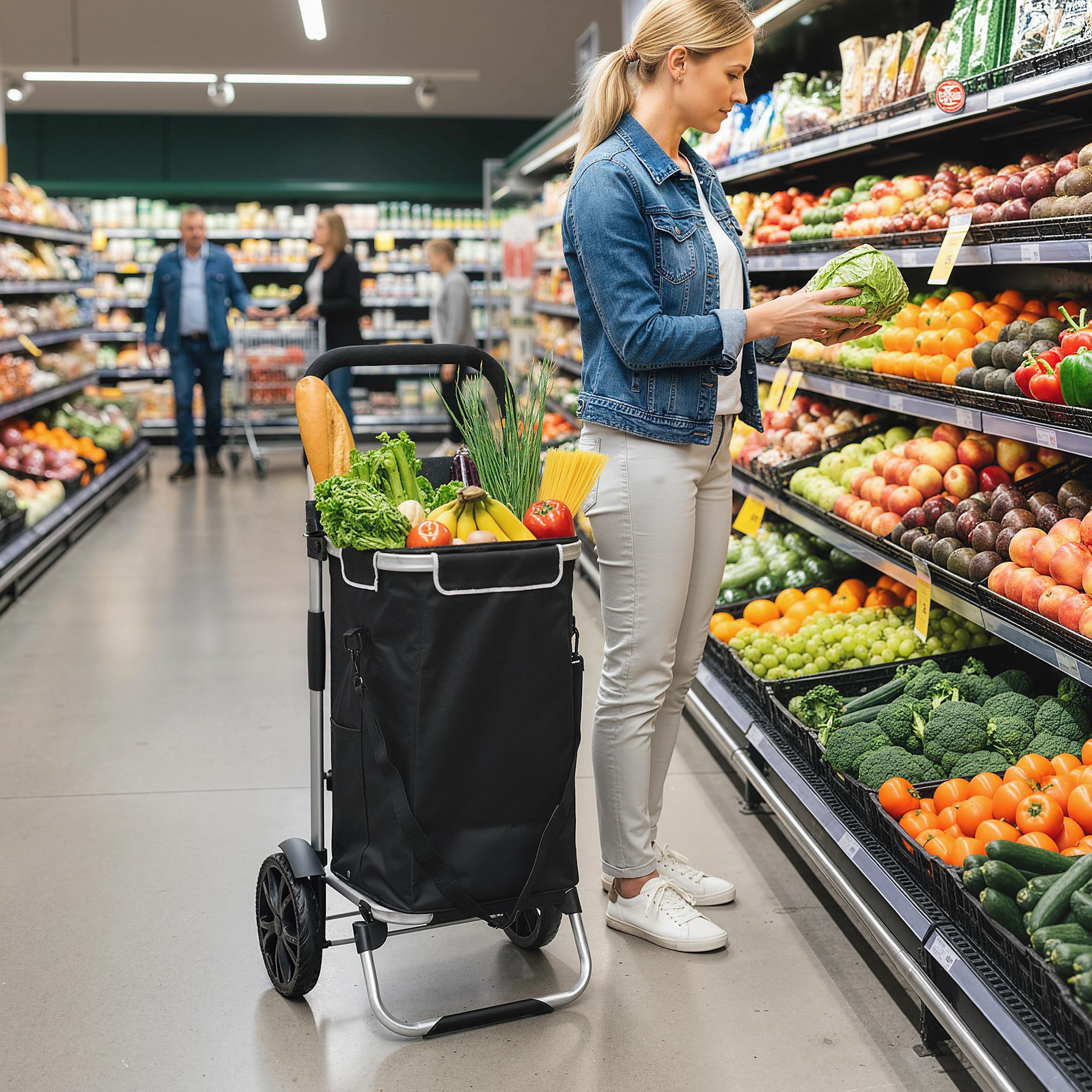Voir la diapositive 5 : HOMCOM Chariot de courses pliable 3 en 1 sac à bandoulière 40l chariot transport poignée réglable compartiment isotherme alu noir