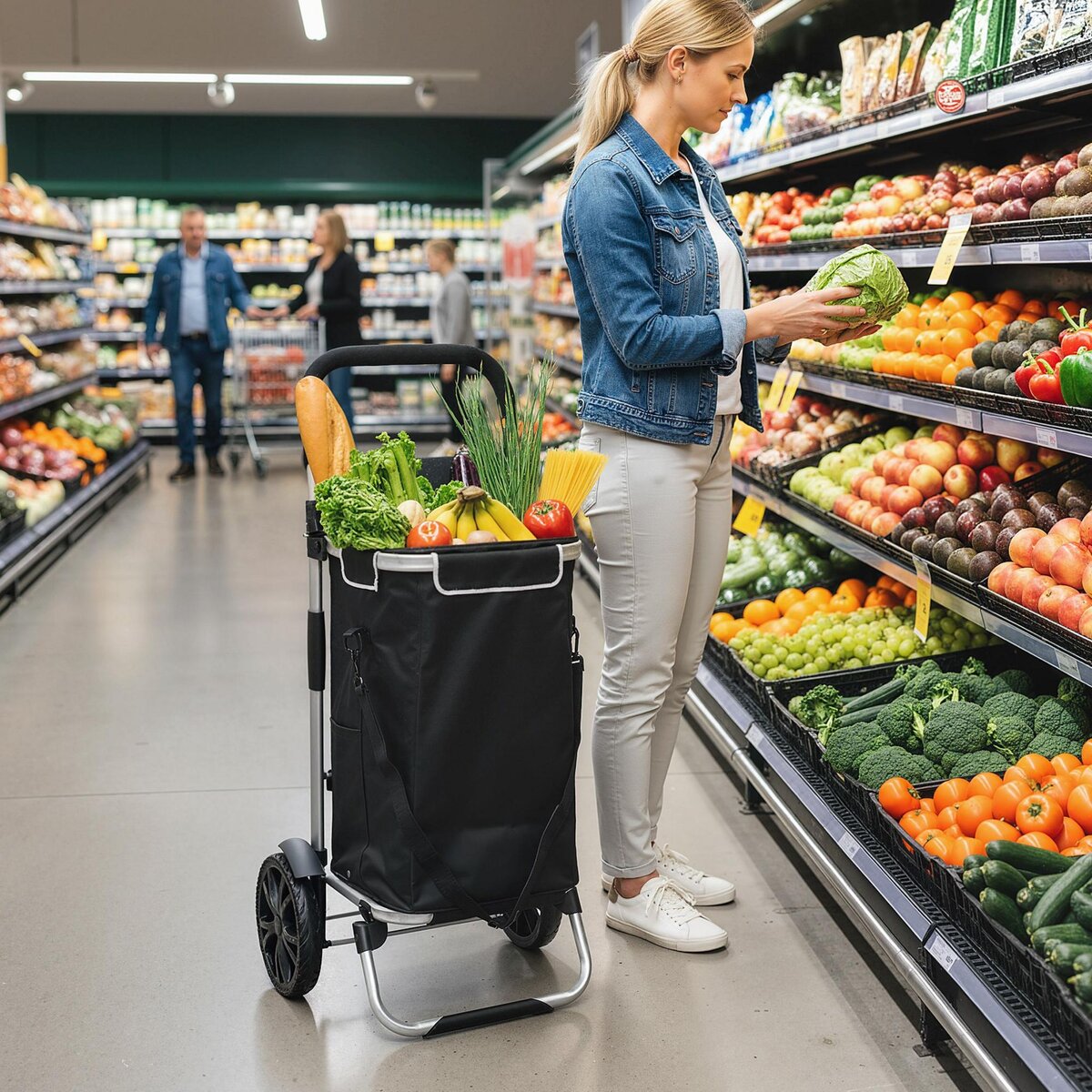 HOMCOM Chariot de courses pliable 3 en 1 sac à bandoulière 40L chariot transport poignée réglable compartiment isotherme alu noir