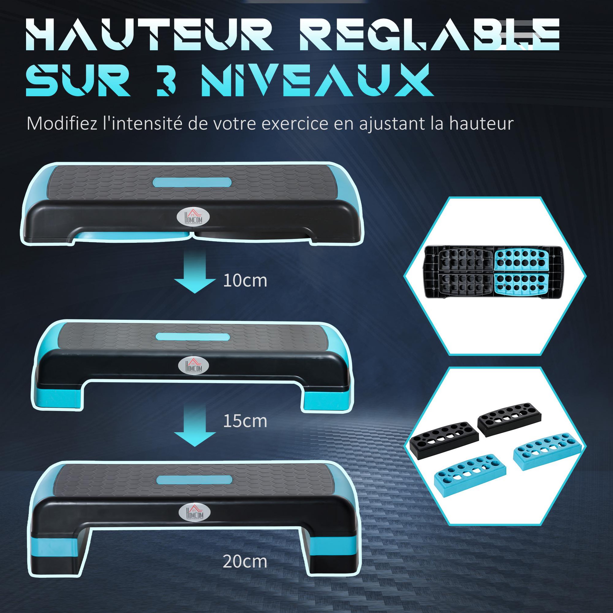 Voir la diapositive 4 : HOMCOM Stepper fitness aerobic hauteur reglable surface antiderapante dim. 78l x 28l x 10/15/20h cm pp noir bleu