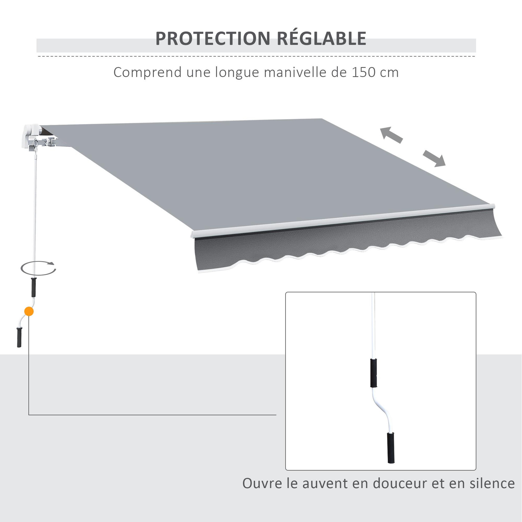 Voir la diapositive 4 : OUTSUNNY Store banne manuel rétractable alu. polyester imperméabilisé haute densité 4 x 2,5 m gris